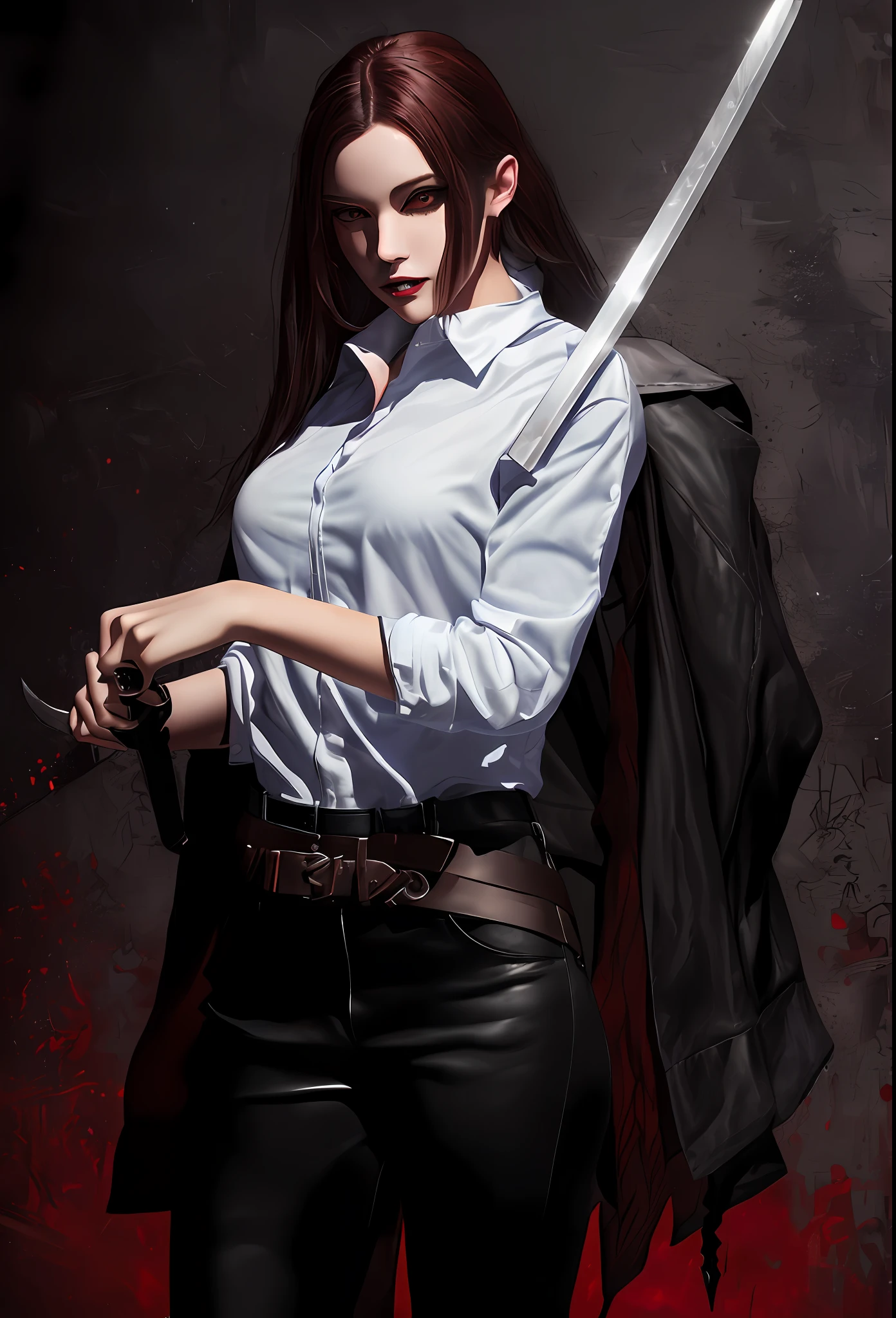 arafed image of a woman in a white shirt and black leather pants holding a sword, androgynous vampire, by Yang J, female vampire warrior, female vampire, dark fantasy style art, style of raymond swanland, female assassin, she is holding a sword, female rouge assassin, dark fantasy character design, alena aenami and artgerm, 2b