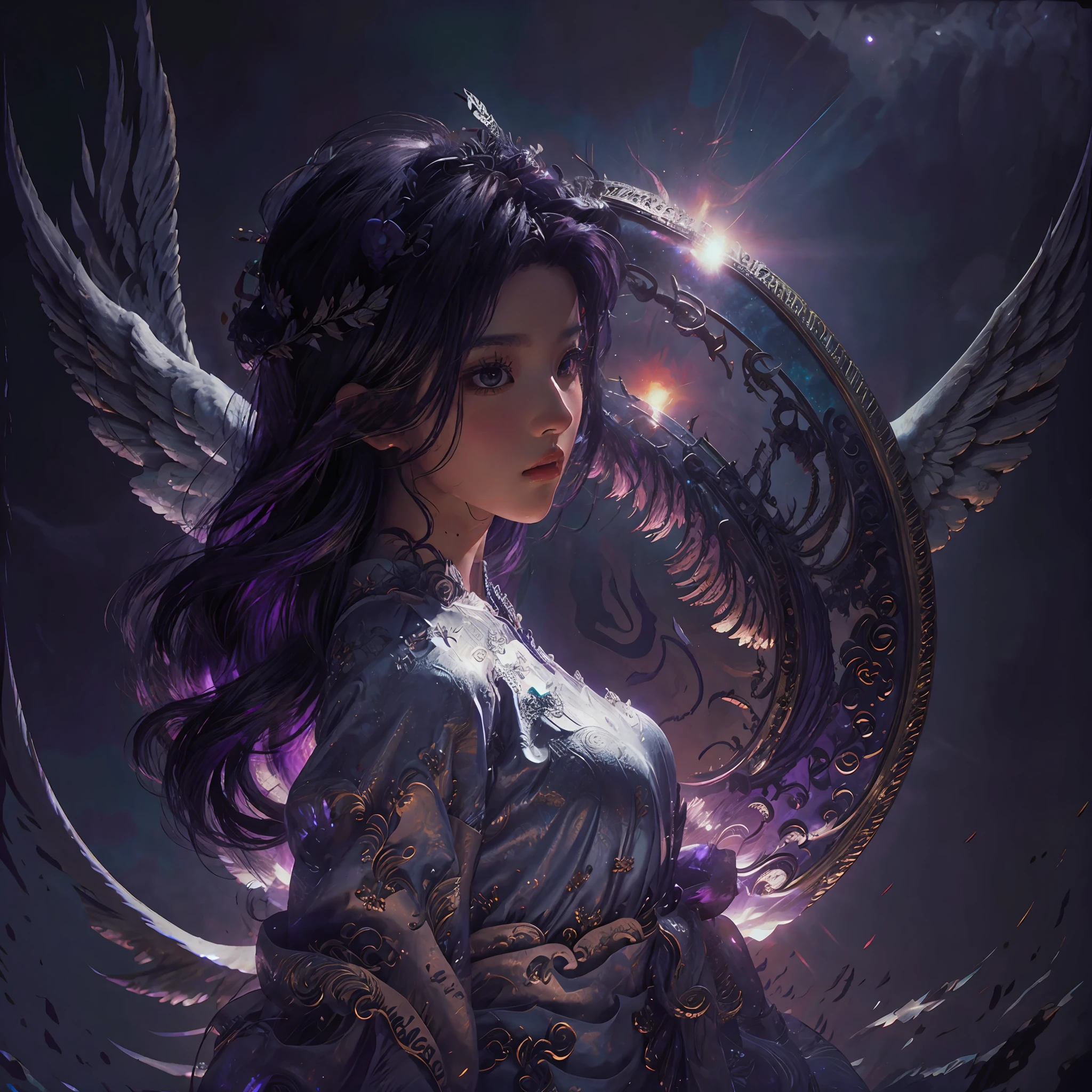 beautiful female angel：1.5），（Cabello Corto blanCo plateado：1.5），Hermosa pintura de personajes，Impresionante arte de personajes，Legion of Heaven, Purple and silver armor，Vestido morado de manga larga，Defensor de la fe，Luz de Dios,（tmasterpieCe：1.4），（Mejor Calidad：1.4），（Beautiful angel girl，Super Detail Face， Hair is scattered，（Angel wing： 1.4），（Cuerpo Completosbian），El brillo， Bokeh， Fotos RAW ultradetalladas，Mejor Calidad），（Realista，realistic photograph：1.3），Mejor Calidad，Altamente detallado，tmasterpieCe，Hiperdetalle，ilustratio，Angle Dynamic，Obras maestras de Clase mundial，Mejor Calidad，CG extremadamente detallado，Fondo de pantalla de 8k，Cinmatic Lighting，Bokeh，autor（James S. C. Christensen：1.2|JeremyLipking：1.1） --auto