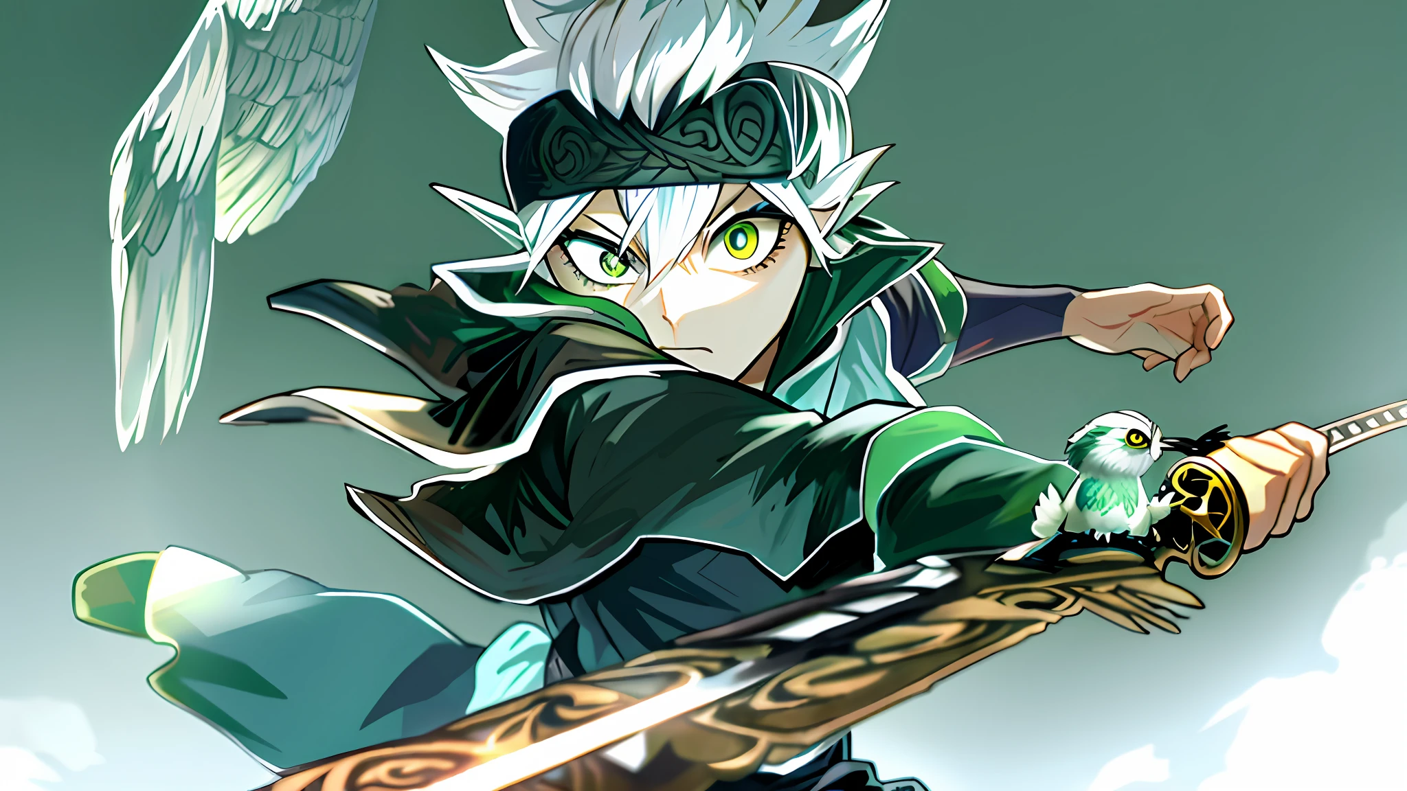 Anime character with owl perched on branch with sword and bird, Captura de tela de Black Clover, Otaku Gangasta, thancred waters, arte chave do anime, coloured manga scan, um louco de cabelos prateados, Arte Oficial, Gatilho Estilo de Arte de Anime, manga", arte chave detalhada do anime, ele tem cabelos grisalhos escuros, cara bonito na arte demon slayer, 2 d arte, Arte 2D white hair, green eyes, detailed