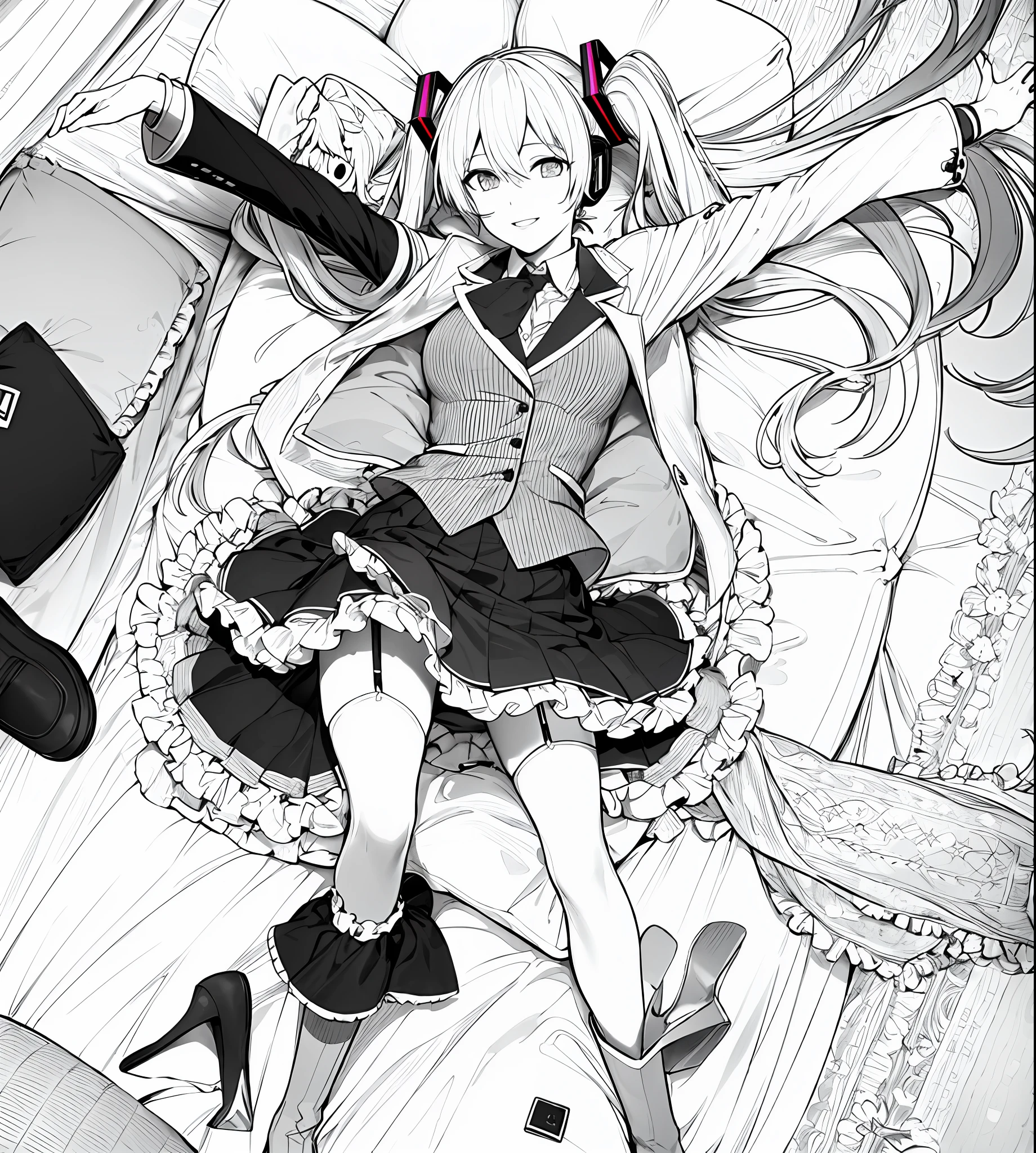 masterpiece, best quality, hatsune miku, pillow, garter straps, hatsune miku, 1girl, cushion, long hair, thighhighs, frilled pillow, skirt, solo, couch, boots, smile, heart pillow, looking at viewer, breasts, twintails, jacket, bed, high heels, sweet devil \(vocaloid\), parted lips, monochrome, lineart,