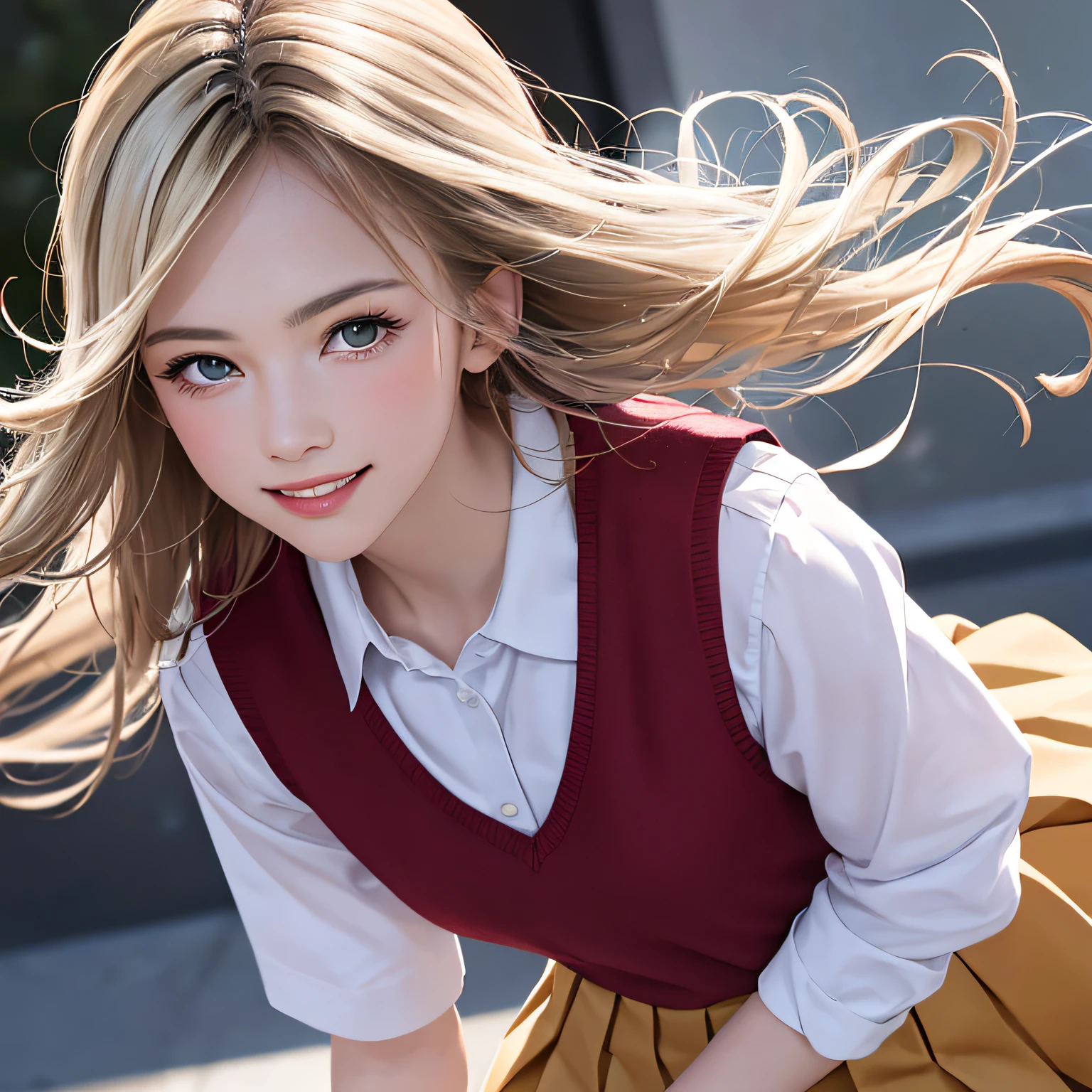 (8K, RAW Photos, of the highest quality, Masterpieces: 1.2), (Realistic, Photorealistic: 1.37), Highest Quality, Ultra High Resolution, light  leaks, Dynamic lighting, Slim and smooth skin, (Full body:1.3), (Soft Saturation: 1.6), (Fair skin: 1.2), (Glossy skin: 1.1), Oiled skin, 22 years old, Night, shiny white blonde, Well-formed, Hair fluttering in the wind, Close-up shot of face only, Physically Based Rendering, From multiple angles, A big smile, School uniform, Pleated skirt, Beige vest, thunderstorm, The Flash,