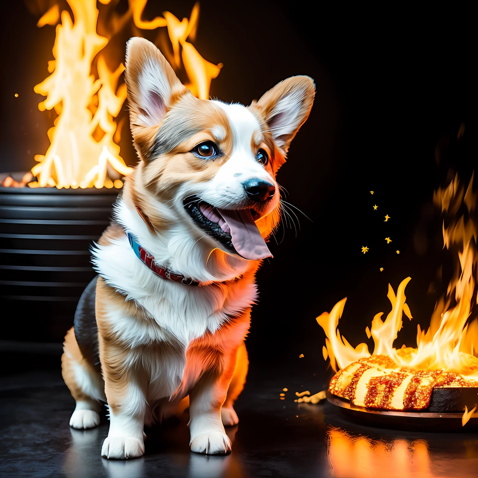 food explosion, 8 k photography, very cute  beautiful happy corgi with eyes made of lava flowing sideways, photo, highly detailed, vray  - h 1 5 2 - n 4 - s 150 - 5 0  - n 4 - g  -