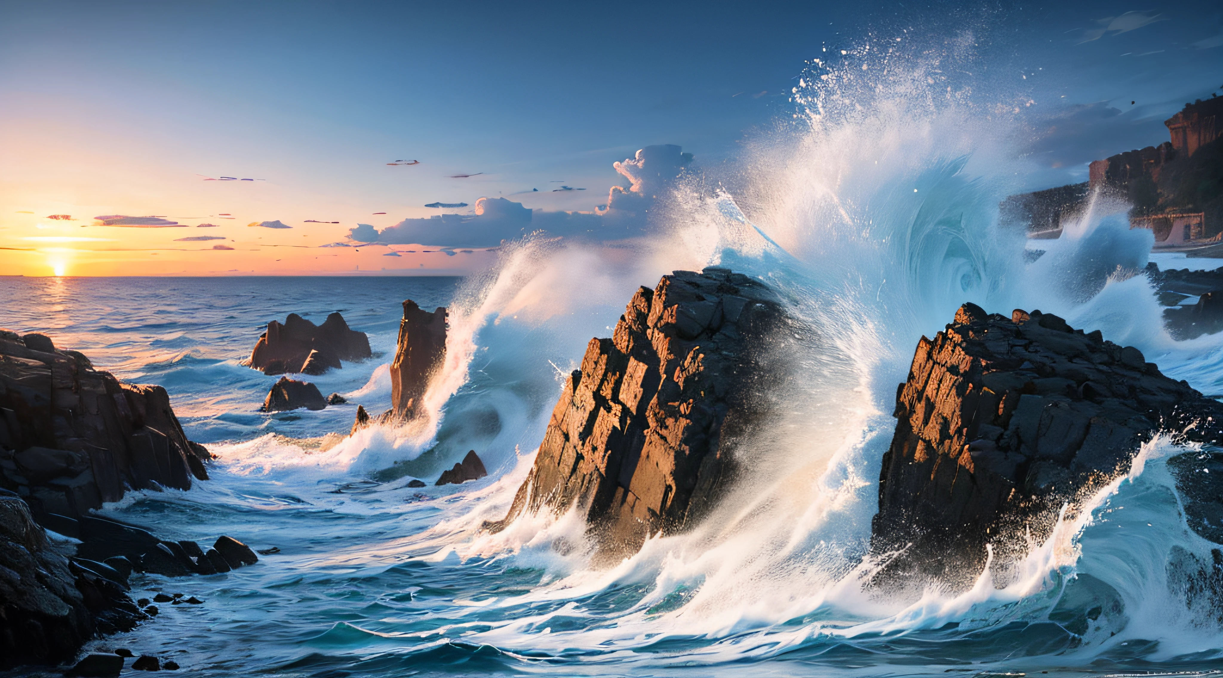 Rocky coastline:Steep rocks rise from the sea,The waves pound against the rocks,Form a spectacular splash。 wide angles,ultra-clear,Bright light,heal,scenecy,Eye protection,detail-rich,shock,Beautiful wallpaper,Beautiful,ultra-clear