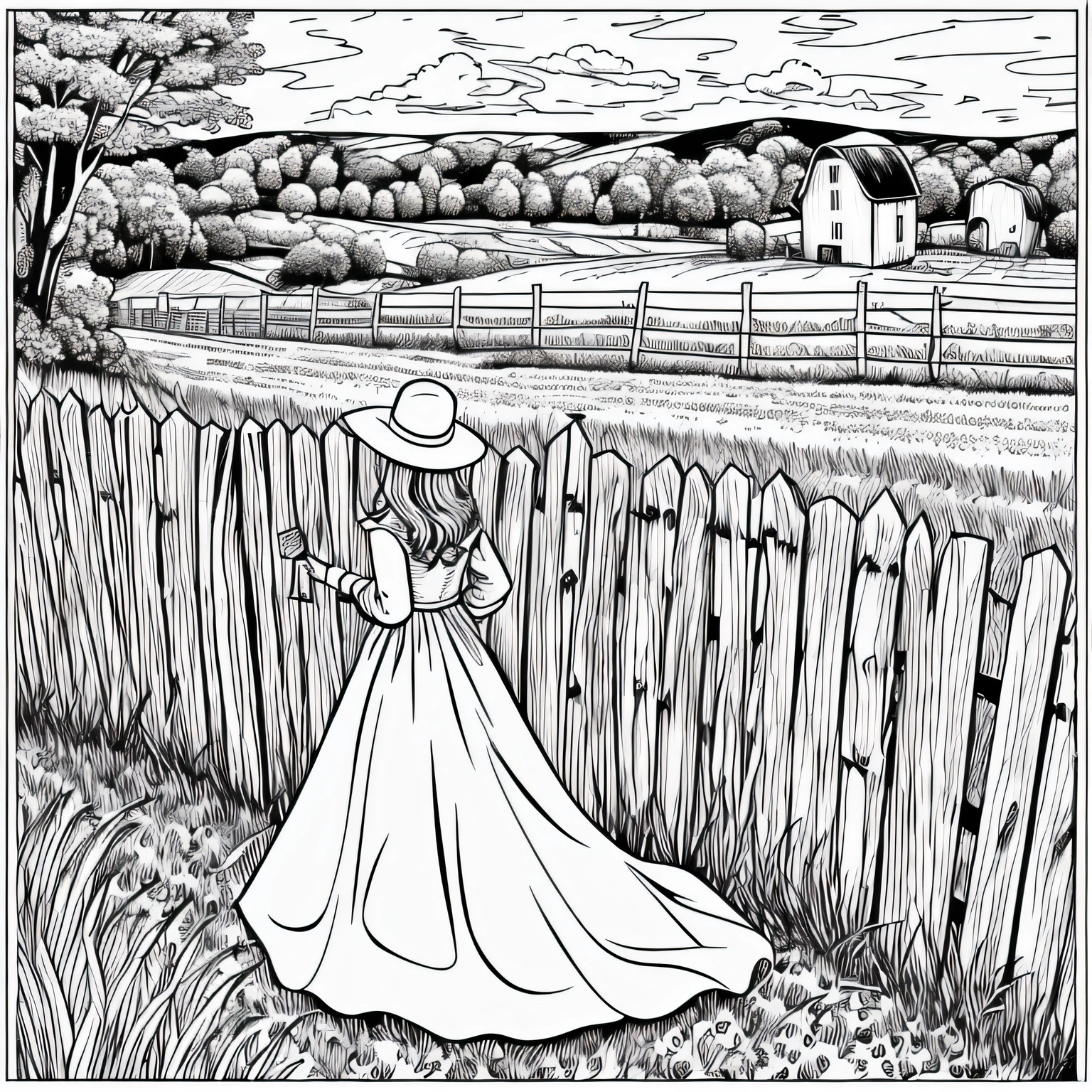 a woman in a dress and hat looking over a wooden fence at sheep in a field, peaceful scene, on a farm, in the countryside, rural splendor, bucolic, elegant scene, afternoon time, springtime morning clean ink detailed line drawing, line - art, extremely fine ink line art, coloring book outline, perfect pen and ink line art, stylized linework, coloring book page, highly detailed linework, published art, very fine inking line --auto