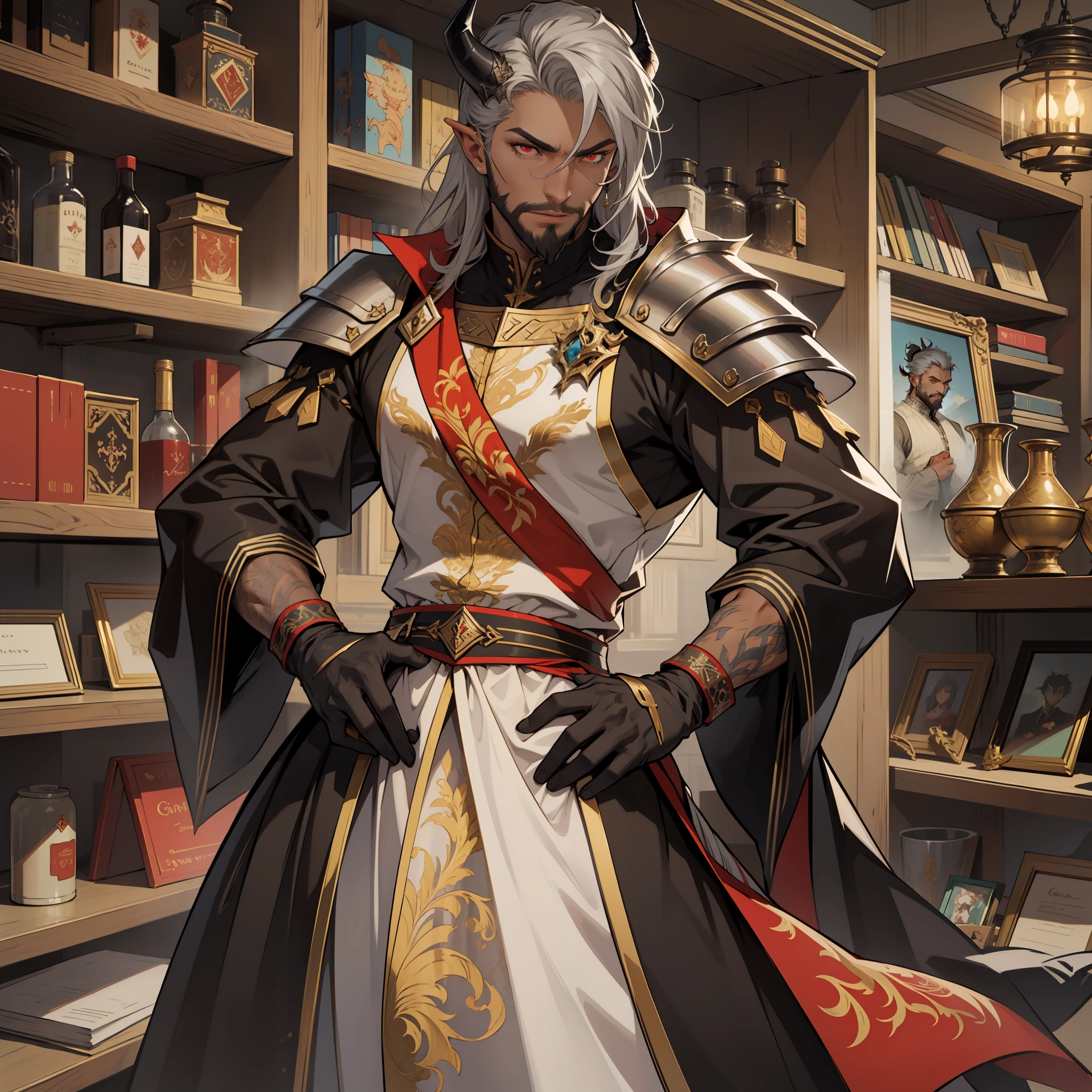1 man - Solo - male - mature face - Beautiful face - Large and strong physique - beard on the tip of the chin - gray hair - White hair - Long hair - black skin - dark skin - dark brown skin - demon man - horns - red eyes - alone - solo - medieval fantasy style - Gothic and chic clothes - No armor - clothing more glued to the body - black and red clothing.
