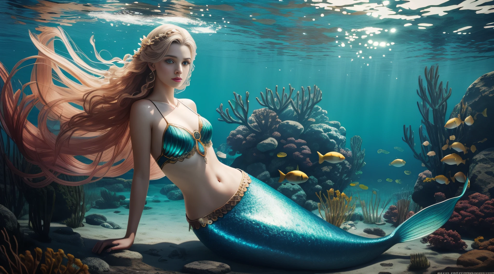 Portrait photography， Beautiful young mermaid with transparent western tunic，Swim at the bottom of the sea， Eyes can see through hair， Proper eye position， Natural skin， The light from the back window is backlighted， cinematric light， rim-light， Soft light， glute， in the night time， ocean floor background， detailed color graded background， 复杂， highly details， rendering by octane， k hd， 8k， annie lebovetz