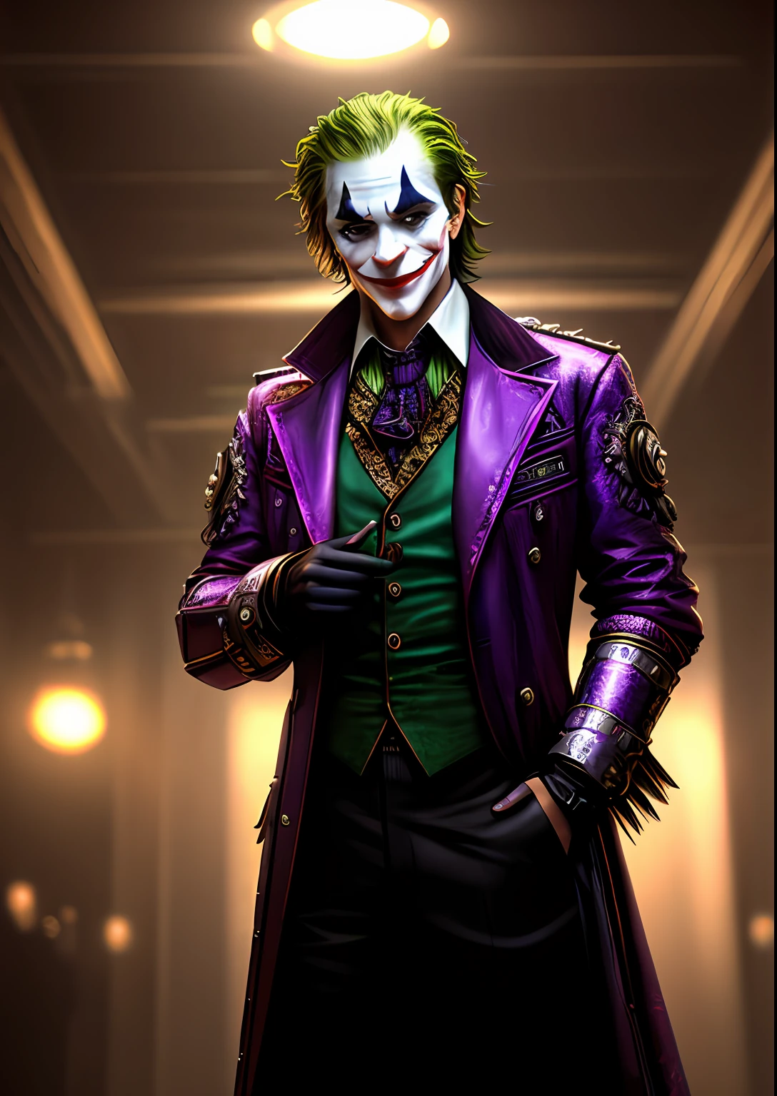 A Joker, epic, (realistic:1.35), (concept art), (((hdr))), (muted colors:0.3), (cyberpunk), intricate scene, artstation, hyperdetailed, cinematic shot, warm lights, dramatic light, intricate details, vignette, complex background, [[royal purple trench coat, green vest]], geometric pattern tie, leather gloves, slate atmosphere, ((looking at viewer)), (smirk|smug), contrapposto, volumetric light, dramatic, good proportions, good anatomy, award winning, masterwork, masterpiece,