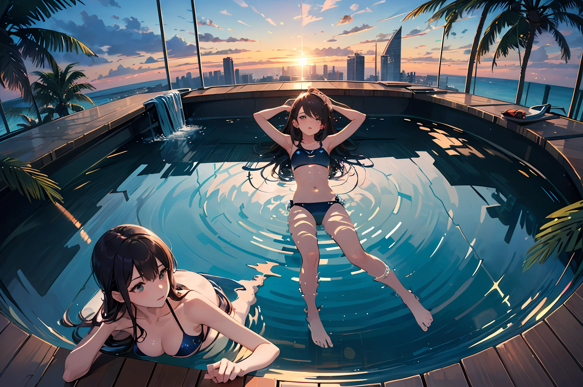 ((girl is swimming lying on her back)), (((top-down view:1.5))), ((distant view)),infinity pool mirrors, infinity pool, infinity concentric pool, epic and stunning, paradise in the background, heaven in the top, sitting on a reflective pool, heaven on earth, sitting in a reflective pool, in a luxurious pool, stunning view, sit on the edge of swimming pool, sunrise