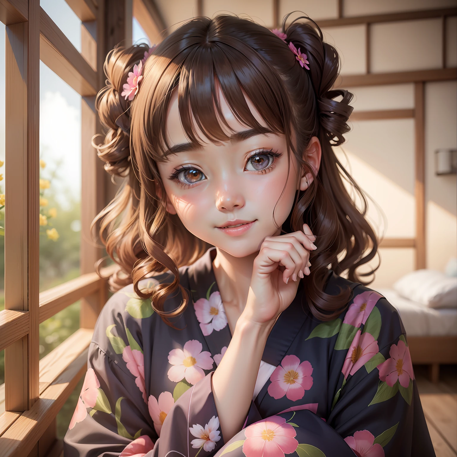 (8K、top-quality、masterpiece:1.2)、(reallistic、Photorealsitic:1.37)、The ultra-detailliert、girl with、cute little、(A smile:1.1)、beautidful eyes、(Brown hair、Curly hair、Twin-tailed)、Yukata with pink flowers on white background、full bodyesbian、Innocent