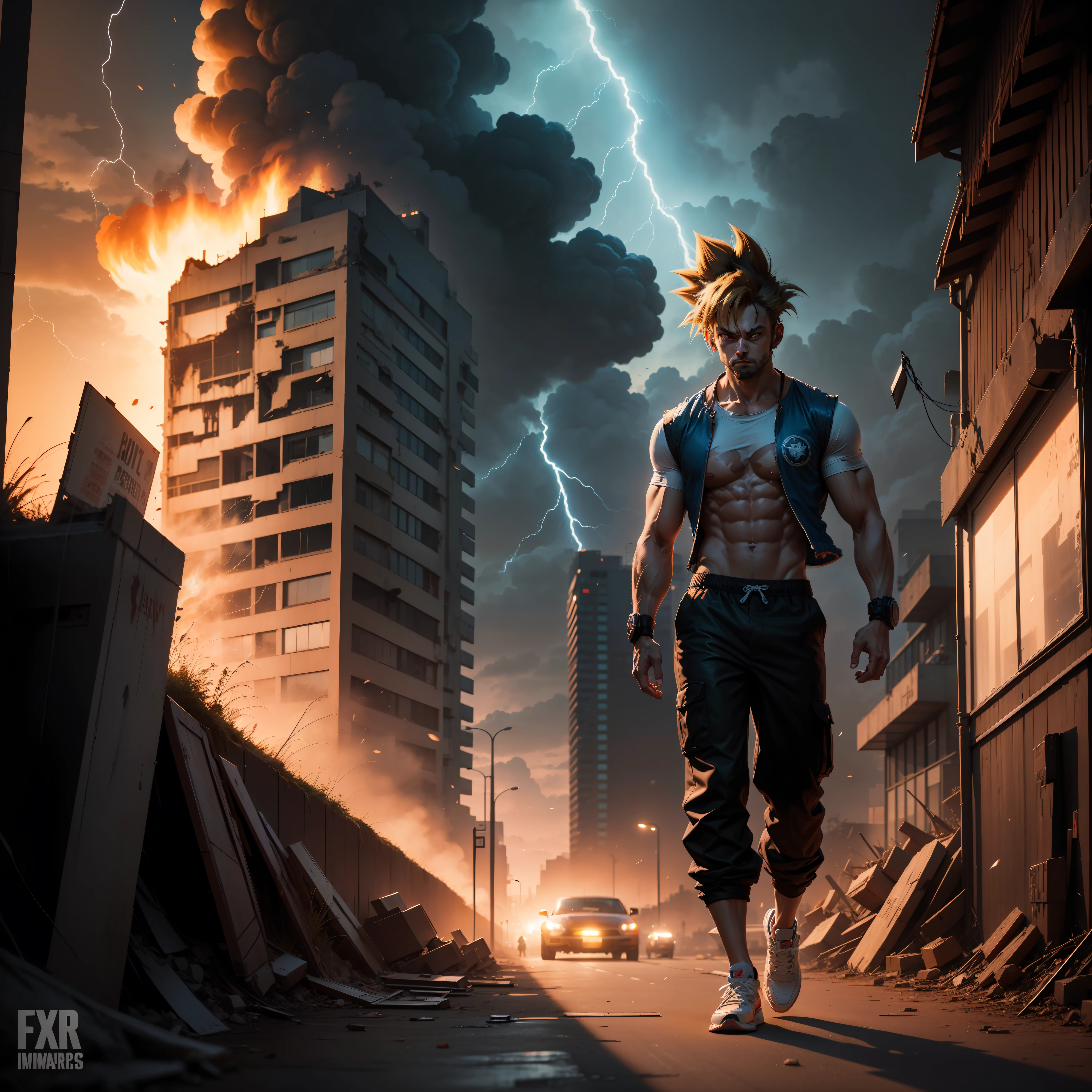 Obra prima, Goku merged with Wolverine, energia em volta do personagem, ((particulas e fagulhas de fogo)), por Marvel, Goku misturado com wolverine, detalhes intrincados, melting, wolverine's pants and Goku's shirt, 8k, DSLR, cinematic, fitness, musculoso, ((com garras aparentes)), cyberpunk, Uniform Fusion, amarelo, azul e vermelho. Degraded scenery and destroyed buildings. The night with lightning