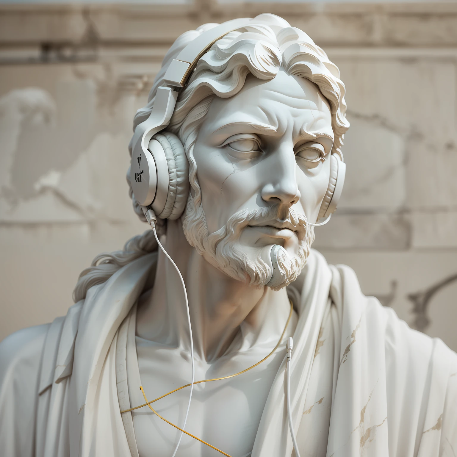 a white marble statue of a man with headphone jack, tudo esculpido em pedra, philosopher, estoicismo, fotorealismo, fotografia profissional, fundo escuro