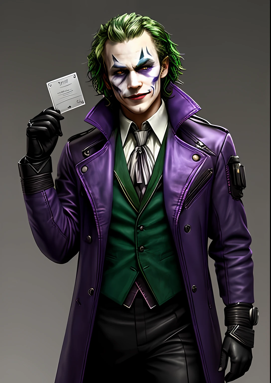 A Joker, epic, (heath ledger:1.2), (realistic:1.2), faded:0.2, neutral colors:0.2, (concept art), ((((hdr)))), ((((muted colors)))), (cyberpunk:1.2), intricate scene, artstation, hyperdetailed, cinematic shot, warm lights, dramatic light, intricate details, vignette, complex background, [((purple trench coat, green vest))], purple leather jacket, geometric tie, leather gloves, slate gray atmosphere, (looking at viewer), (smirk|smug), contrapposto, volumetric light, dramatic, good proportions, good anatomy, award winning, masterwork, masterpiece,