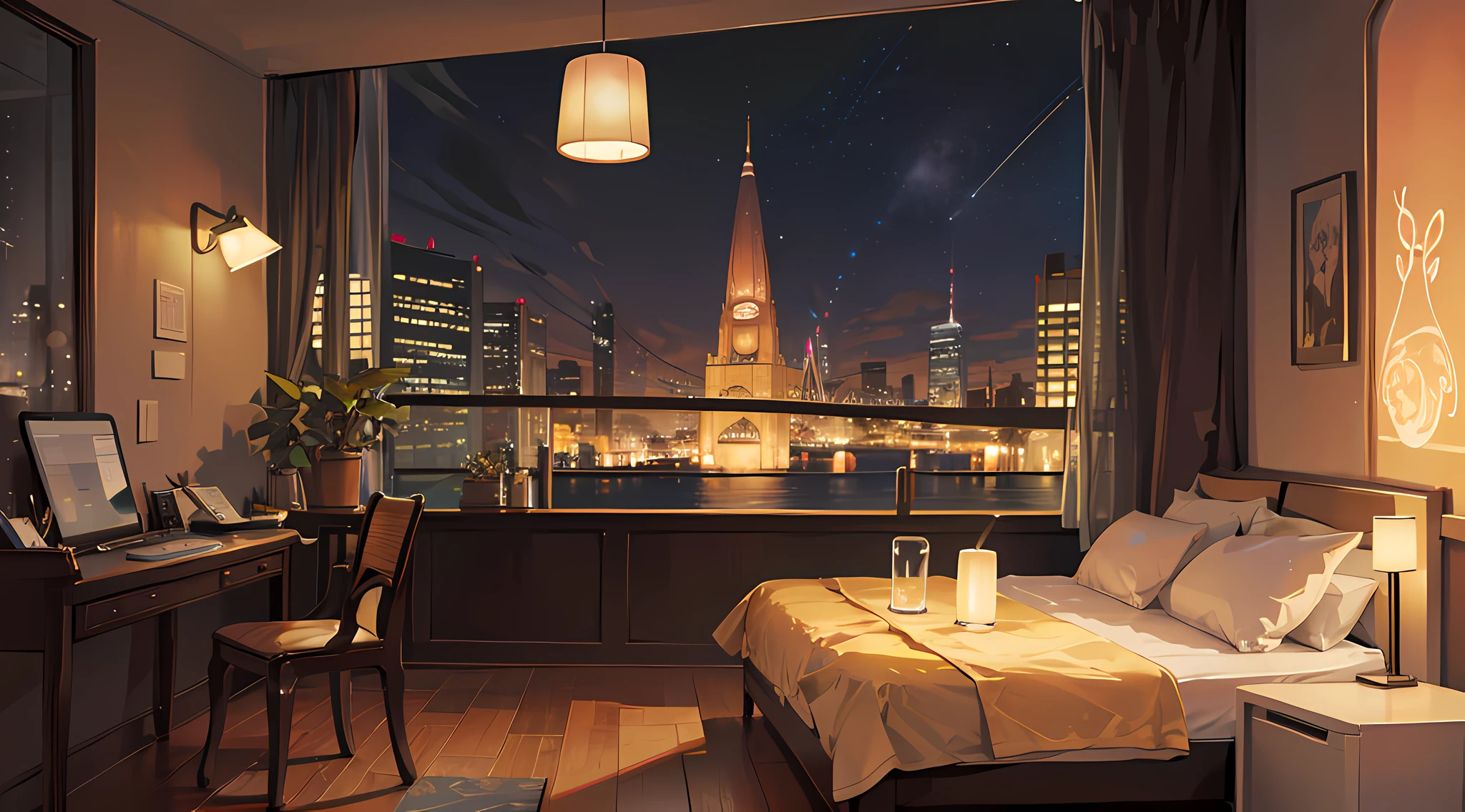 refuge，warm，Glass scene，full of lights，Beds，tables and chairs，window，the street lights，Planetary background，Tall building