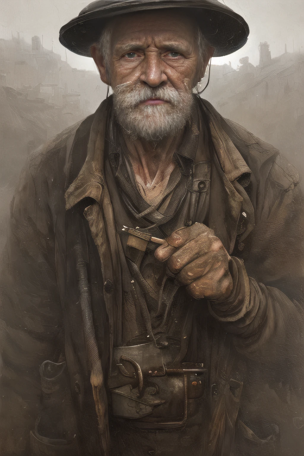 a portrait of an old coal miner in 19th century, beautiful painting with highly detailed face by greg rutkowski and magali villanueve