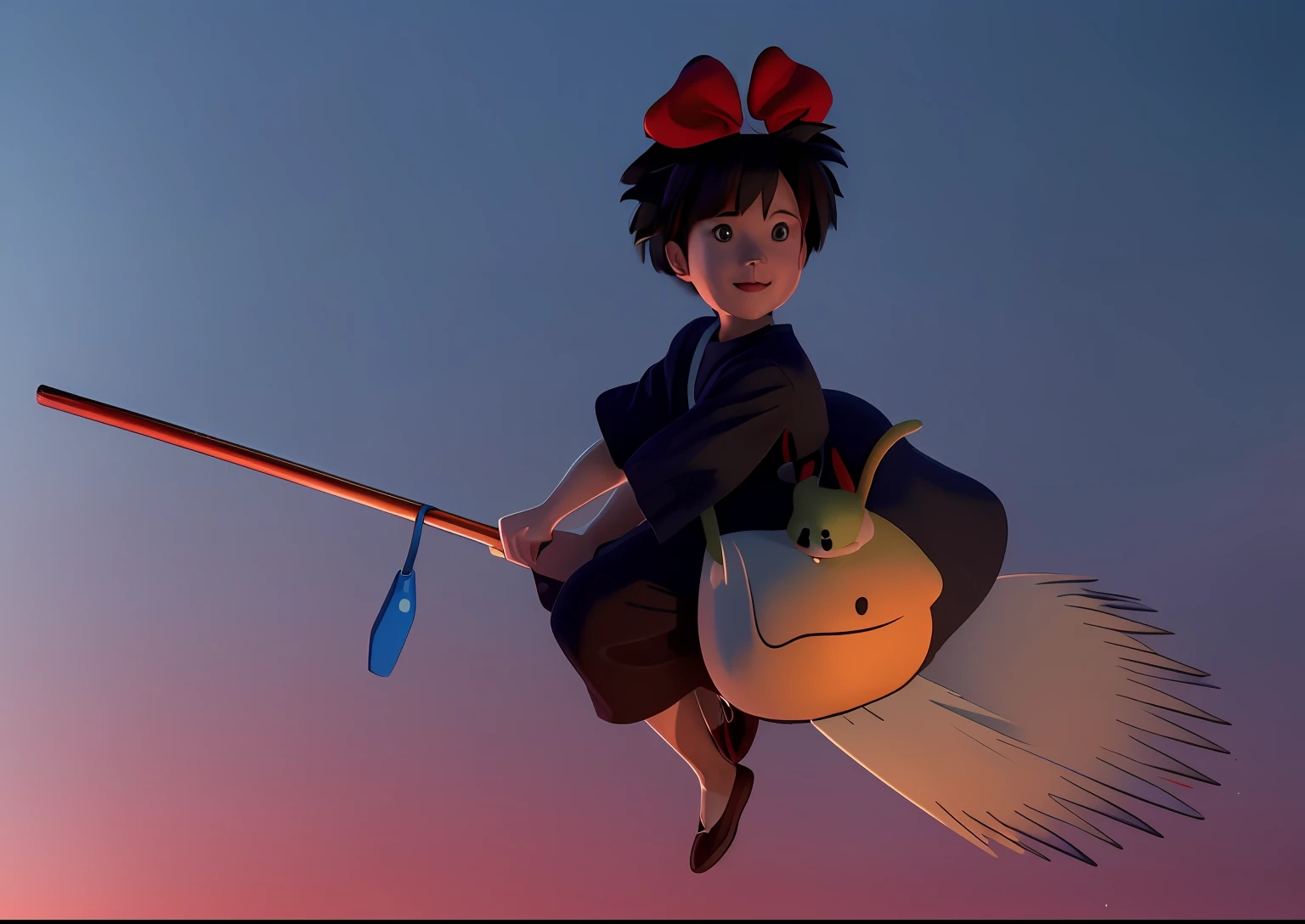 Characters flying on a broom, kikis delivery service, Kiki's Home Delivery Service, top-quality、8K、ultra-detailliert, photos realistic、Realistic people