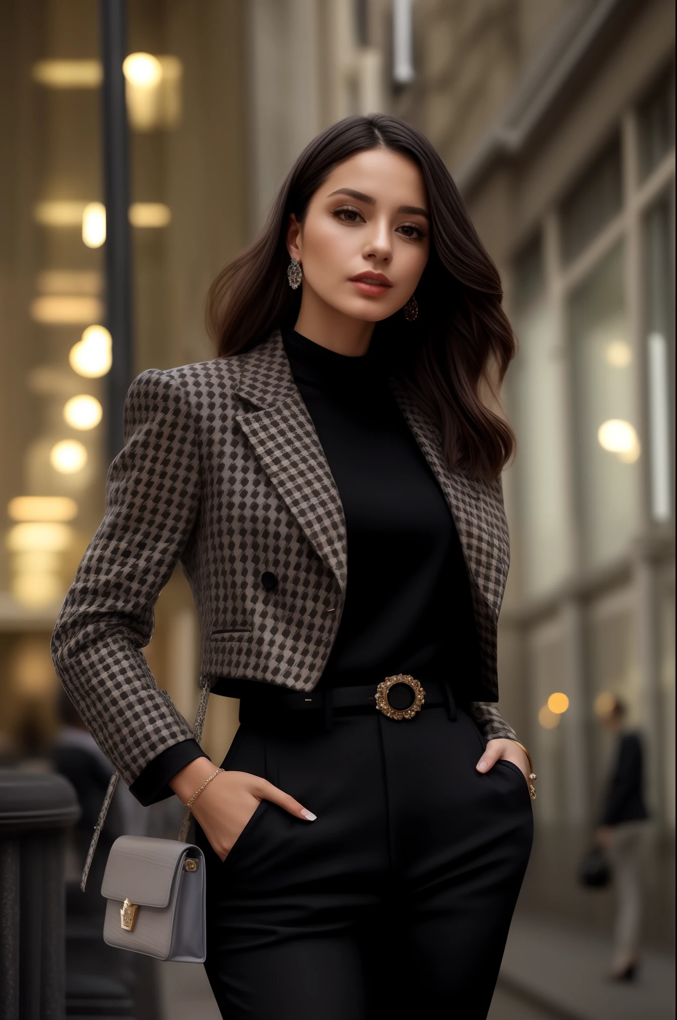 a woman in a black and white jacket and black pants, alta moda elegante, vestindo uma roupa elegante, Estilo de Laura Sava, estilo elegante, Camisa cropped com jaqueta, menina elegante na roupa urbana, business outfit, classical style, vestindo uma jaqueta preta extravagante, roupas elegantes, Directed by: Emma Andijewska, deslumbrante elegante, julia sarda, No estilo de Niko Pirosmani