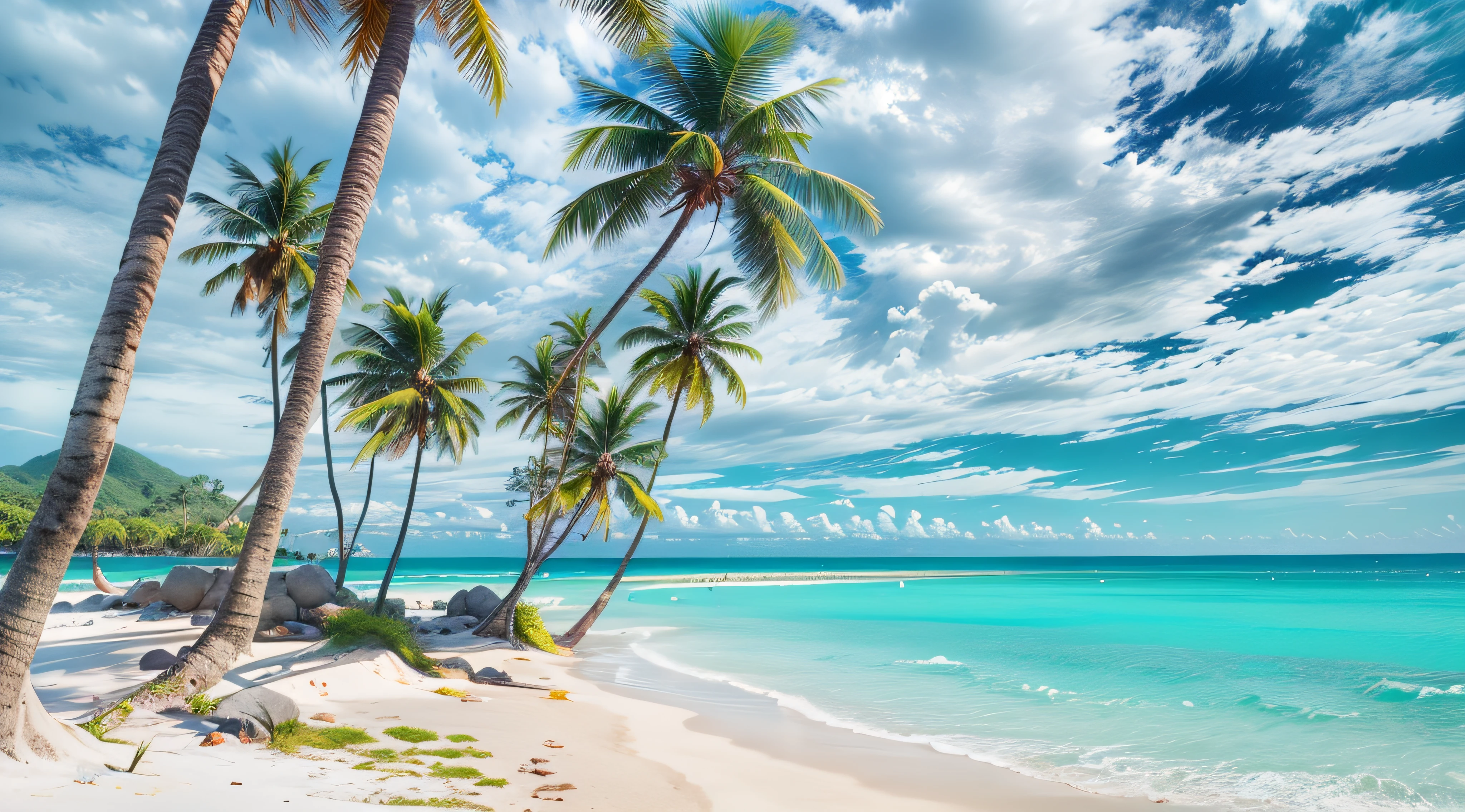 A tropical beach with blue sea and sky:The crystal clear waters exhibit various layers of blue,The white sand beach contrasts with the emerald green coconut trees。 wide angles,ultra-clear,Bright light,heal,scenecy,Eye protection,detail-rich,shock,Beautiful wallpaper,Beautiful,ultra-clear