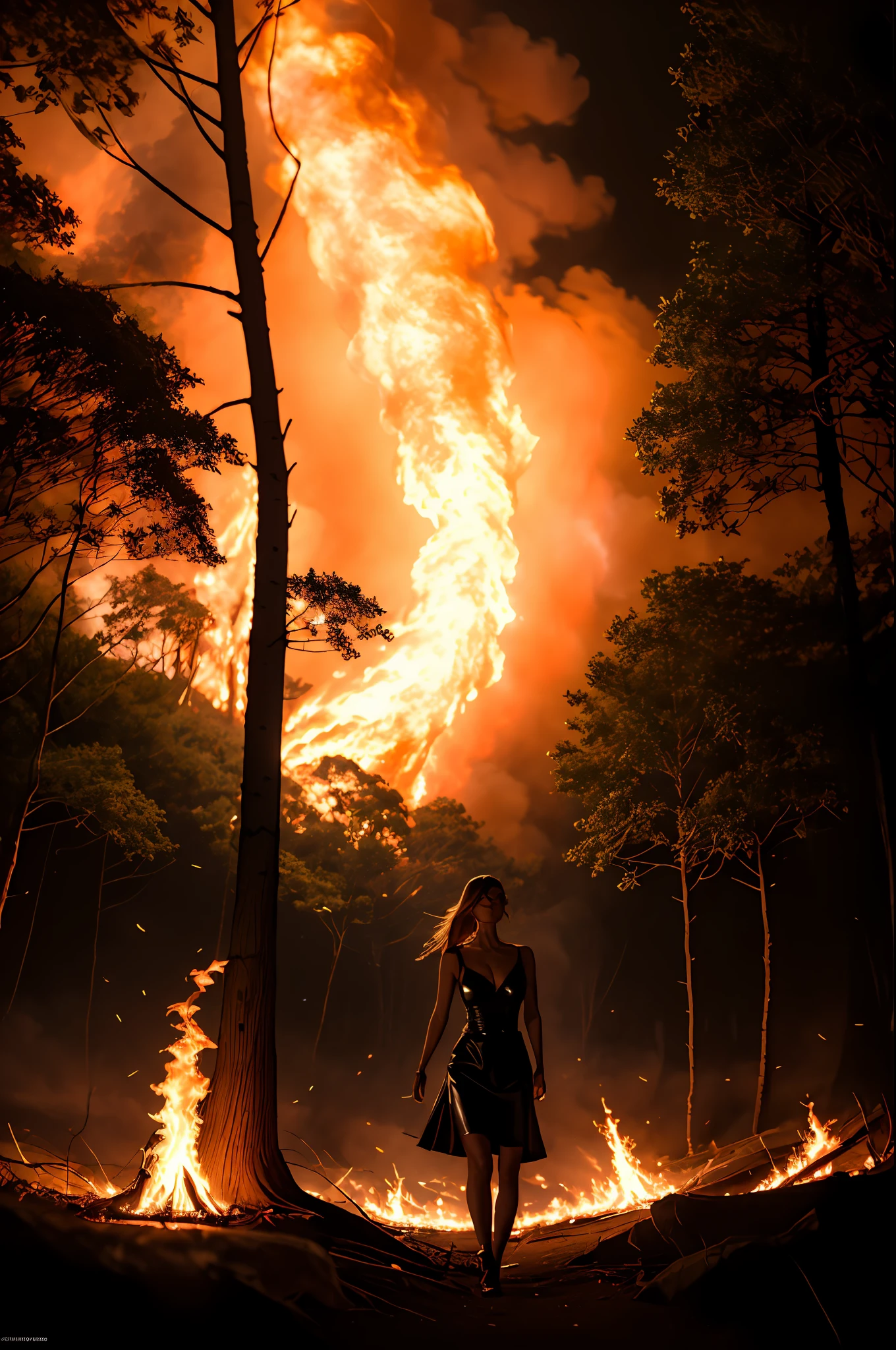 (Extremely detailed 8k wallpaper), a mid shot photo of a powerful sorceress in dark red dress walking in a burning forest at night, complex, highly detailed, and dramatic, 25 years old girl, fit girl, power pose, cinematic lighting, fireflies, bokeh, smoke, large breasts, burning grounds, dark red and black leather sorceress dress, dark night:1.2, fire in dark, in dark, forest at night, trees in flames, burning trees:1.2, forest in fire:1.2, forest fire:1.2