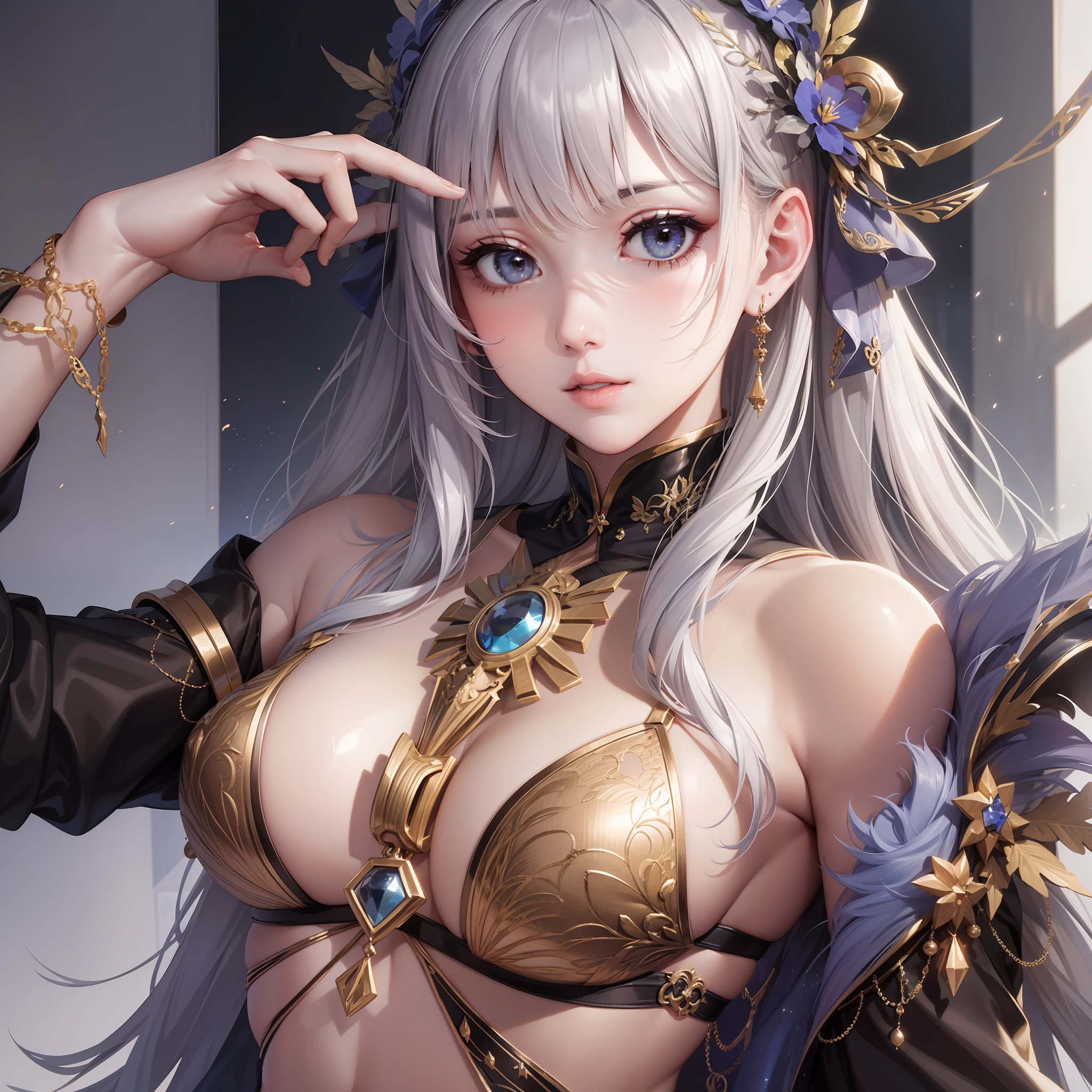 Super beautiful girl with gray hair、Perfect Style、Glamorous body、Seductive look、Seductive poses、Detailed and elaborate details、ultra res、masterpiece、Priestess of the Sky、Fantasia、top-quality、