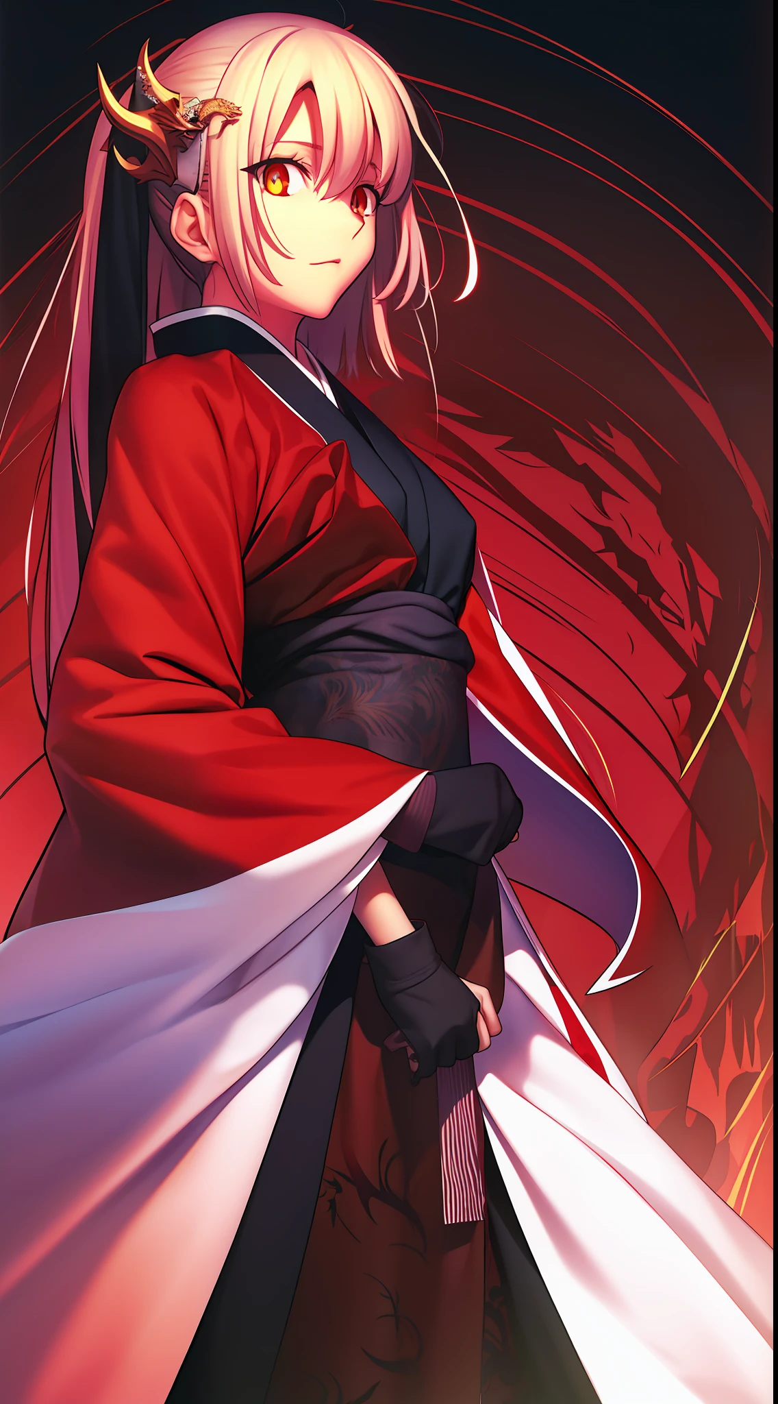 cara legal,vestir,Hanfu,Red gradient eyes,rabo de cavalo alto,longos cabelos escuros,cabelos ondulados,Black and red period costume,Battle costume with dragon pattern,Fundo da folha de bordo