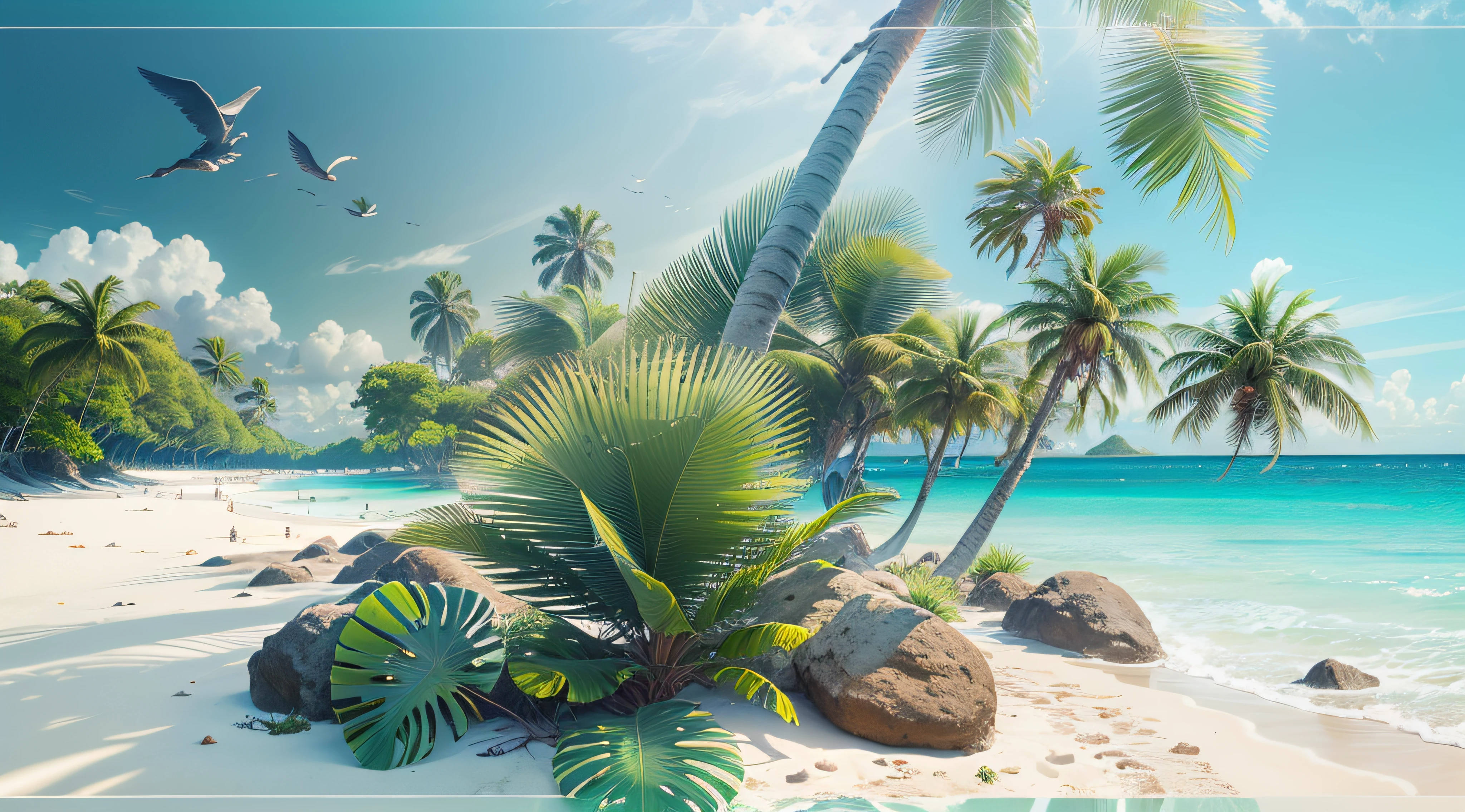 A tropical beach with blue sea and sky：The crystal clear waters exhibit various layers of blue，The white sand beach contrasts with the emerald green coconut trees。	wide angles，ultra-clear，Bright light，heal，scenecy，Eye protection，detail-rich，shock，Beautiful wallpaper，Beautiful，ultra-clear