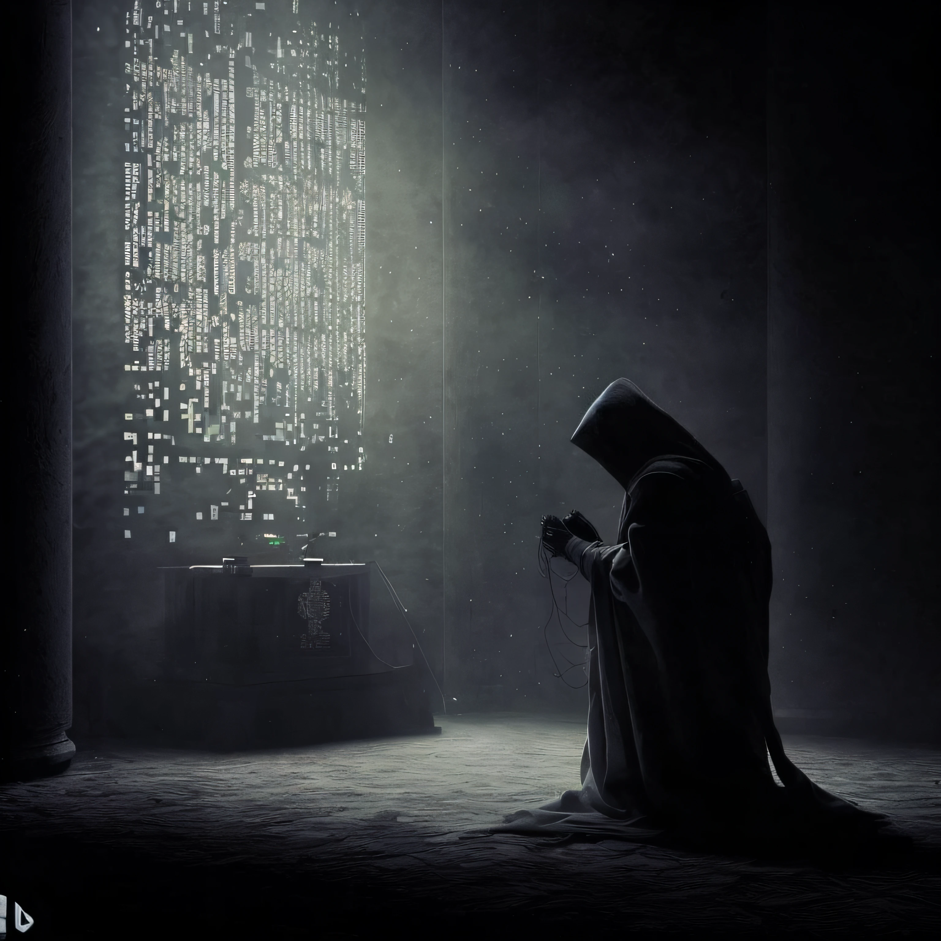 Imagem de um robo sentado em um quarto escuro com uma luz brilhando sobre eles, arte conceitual escura fotorrealista, cinematic photograph concept art, bipe. octan render, dramatic sci-fi movie still, Cyberpunk ortodoxo, dark cinematic concept art, em um altar antigo, Dark Sci - Science fiction movie scene, Arte digital escura, mas detalhada
