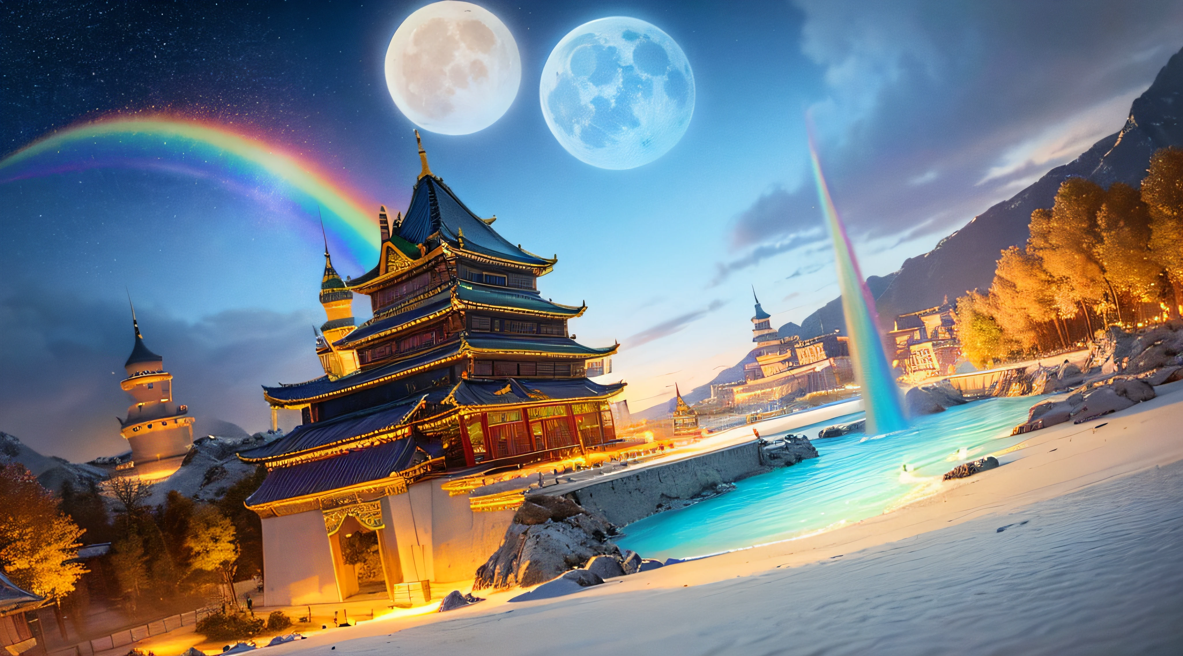 The rainbow , Crushed ice , "Chinese Gold castle in the Sky", “Moon and Sun”, The blue sky is spread out like the wings of angels , like the wings of birds , the sky is very shocking , ethereal . Real shoot , Real , realistic ,8K, Ultra Wide Angle , Panoramic ,3D, Ultra HD Pixels , Landscape Photography by Marc Adamus HD