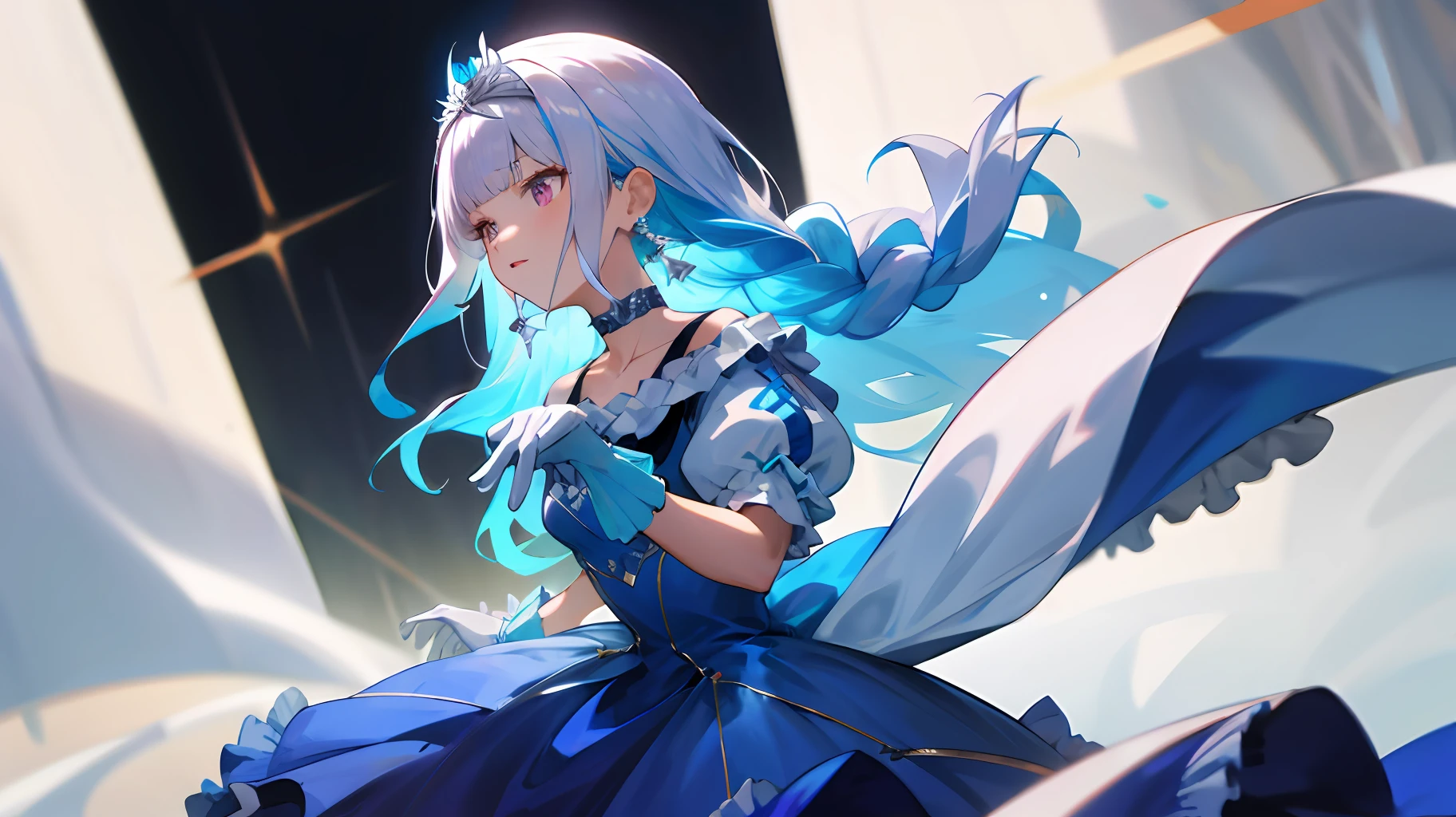 lh1, long hair, tiara, blue dress, jewelry, white gloves, earrings, choker, frills, braid, puffy short sleeves