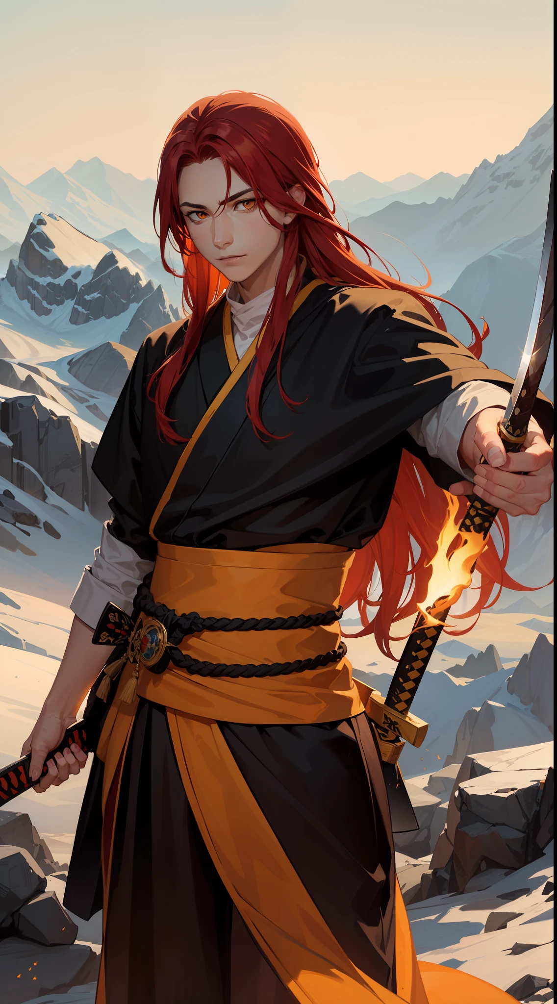 A pastifical man of 23 with long red hair and orange eyes, the colors of his clothing and orange and yellow beckoning with a monk, he carries a katana (scenery the top of a mountain)