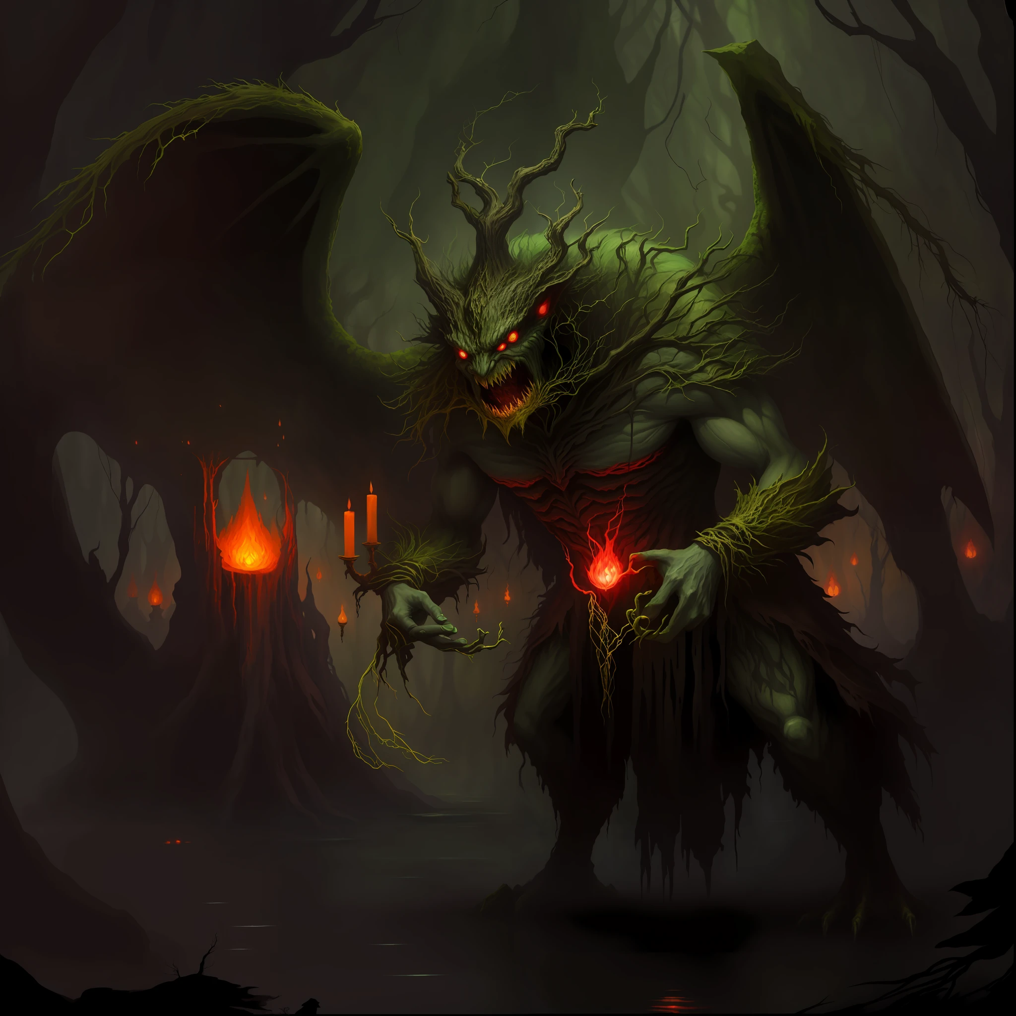 Treant tree creature with glowing eyes and vine fangs in a dark forest, demonic creature, arte de estilo fantasia escura, demonic monster, arte conceitual demon soul, Criatura da loucura, no estilo da arte da fantasia sombria, an ominous fantasy illustration, arte conceitual monstro, inspirado em Jeff Easley, arte de fantasia sombria, arte de fantasia sombria, com olhos vermelhos brilhantes, fantasia arte escura, (The backdrop is a swamp:1.2), (Criatura Treant:1.2)