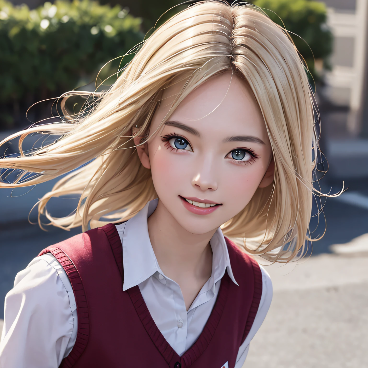 (8K, RAW Photos, of the highest quality, Masterpieces: 1.2), (Realistic, Photorealistic: 1.37), Highest Quality, Ultra High Resolution, light leaks, Dynamic lighting, Slim and smooth skin, (Full body:1.3), (Soft Saturation: 1.6), (Fair skin: 1.2), (Glossy skin: 1.1), Oiled skin, 22 years old, Night, shiny white blonde, Well-formed, Hair fluttering in the wind, Close-up shot of face only, Physically Based Rendering, From multiple angles, A big smile, School uniform, Pleated skirt, Beige vest, thunderstorm, The Flash,