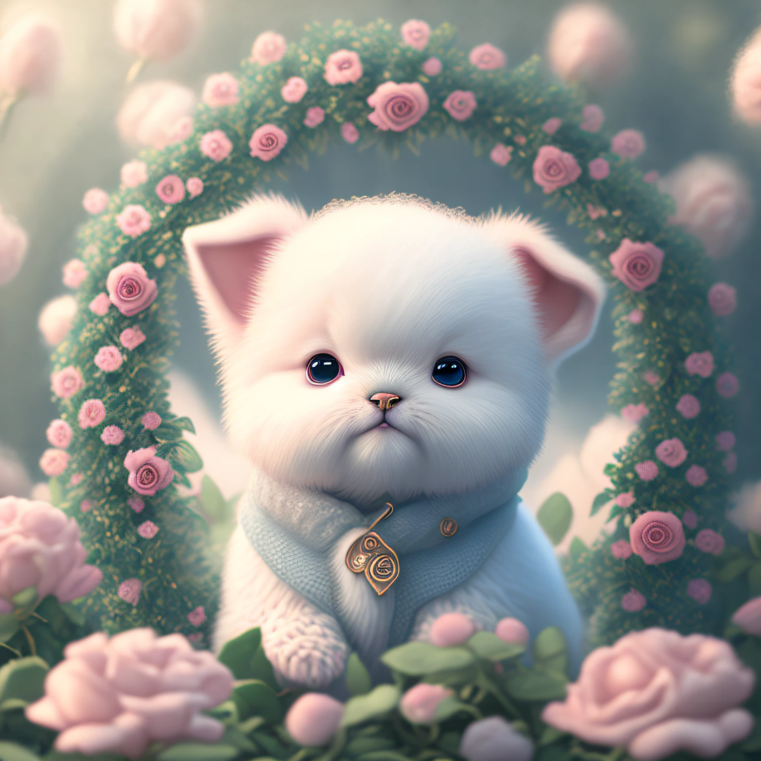 In this ultra-detailed CG art,Cute puppy surrounded by ethereal roses,laughingly,Best quality at best,A high resolution,Complicated details,fanciful,cute animal,Open-mouthed,laughingly!!! --auto