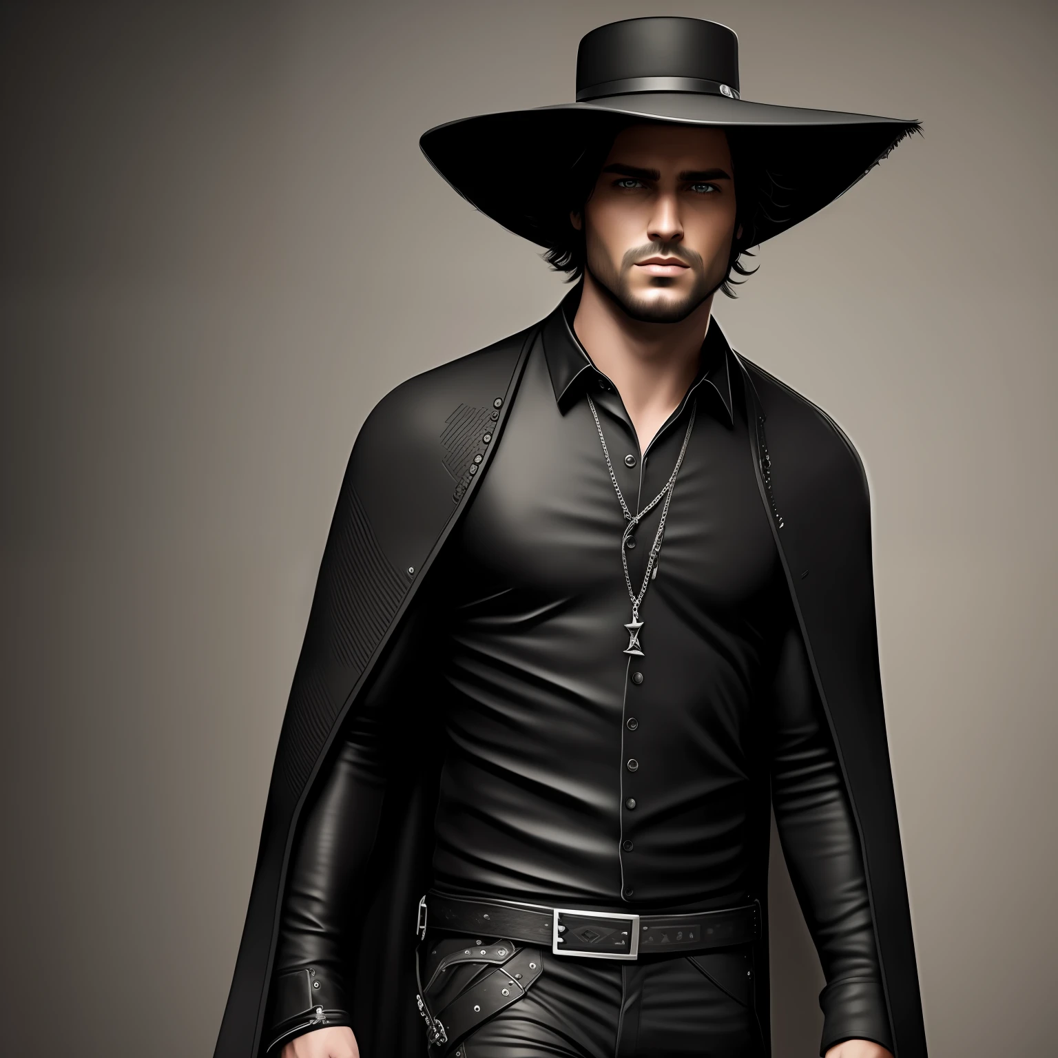 Draw an ultra-realistic Rockstar man with short black hair wearing a black floppy hat
