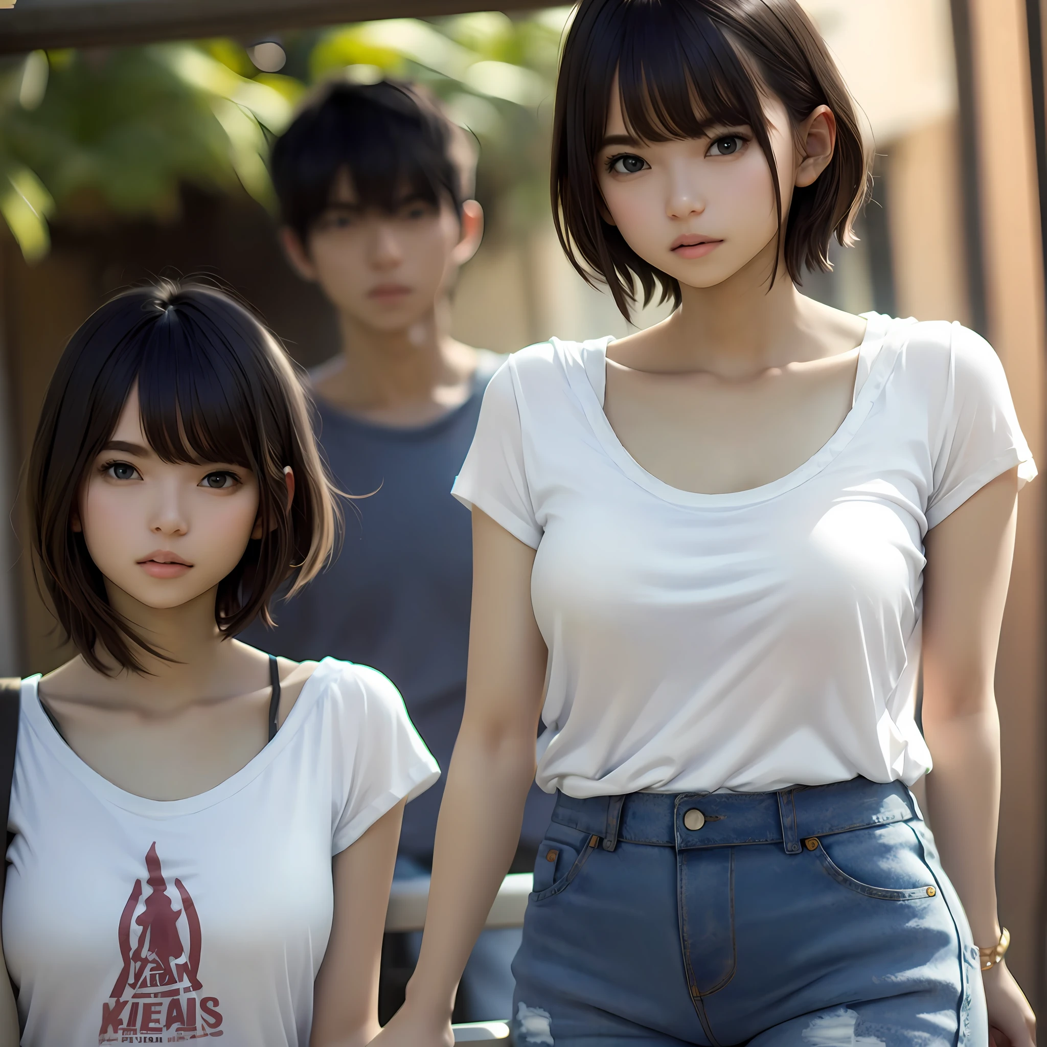 Short hair, white T-shirt, jeans showing half breasts, sexy sister model --auto