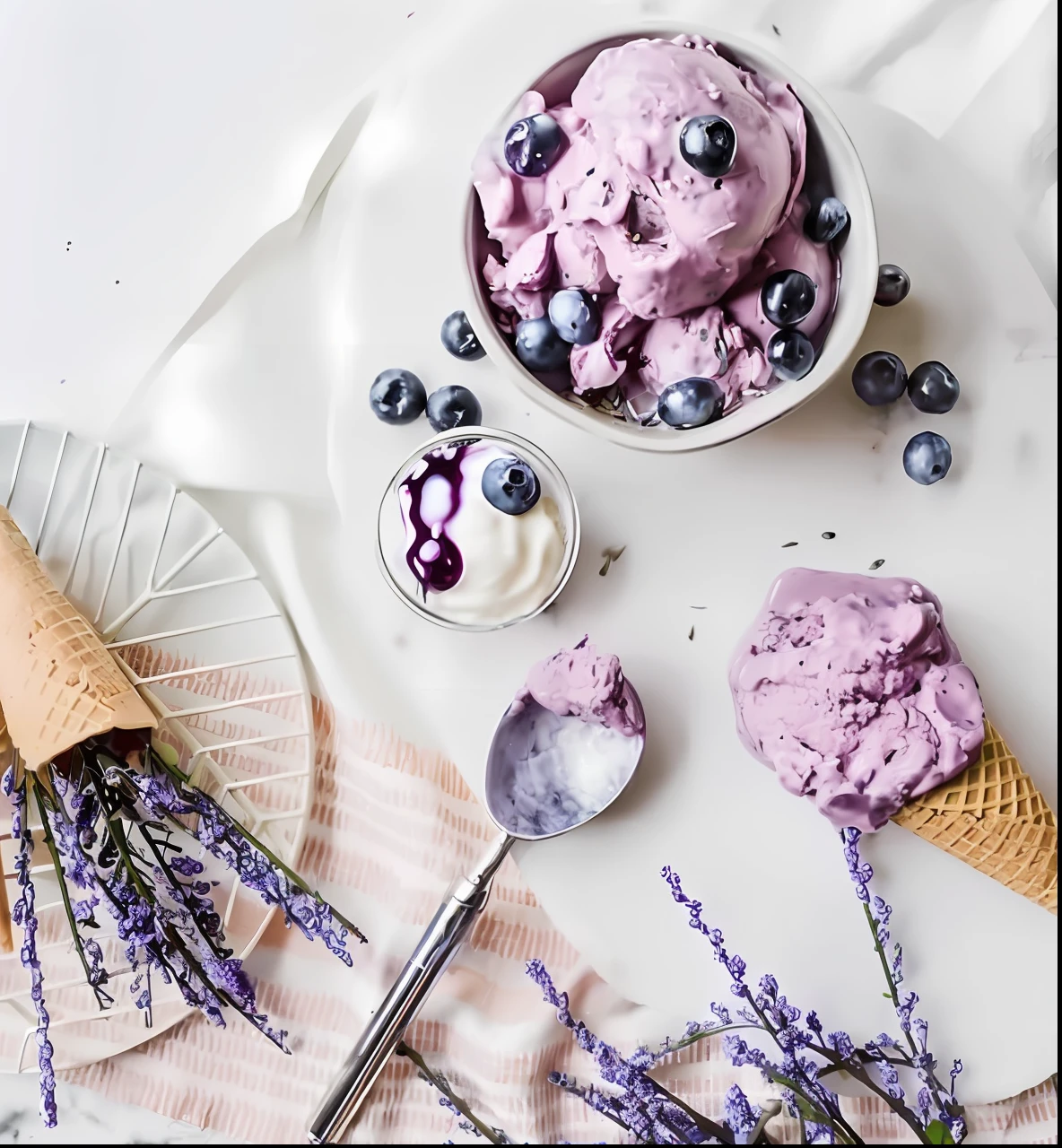 two bowls of ice cream with berries and blueberries on the table, Crushed berries, Sea Parfait, crushed berry spots, ice cream for garnish, Ice cream, crushed berries, dripping, Dripping berry juice, Stylized food photography, delicious, Seb McKinnon, berries, Franz Hegi, yogurt, Doruk Erdem, Food photography