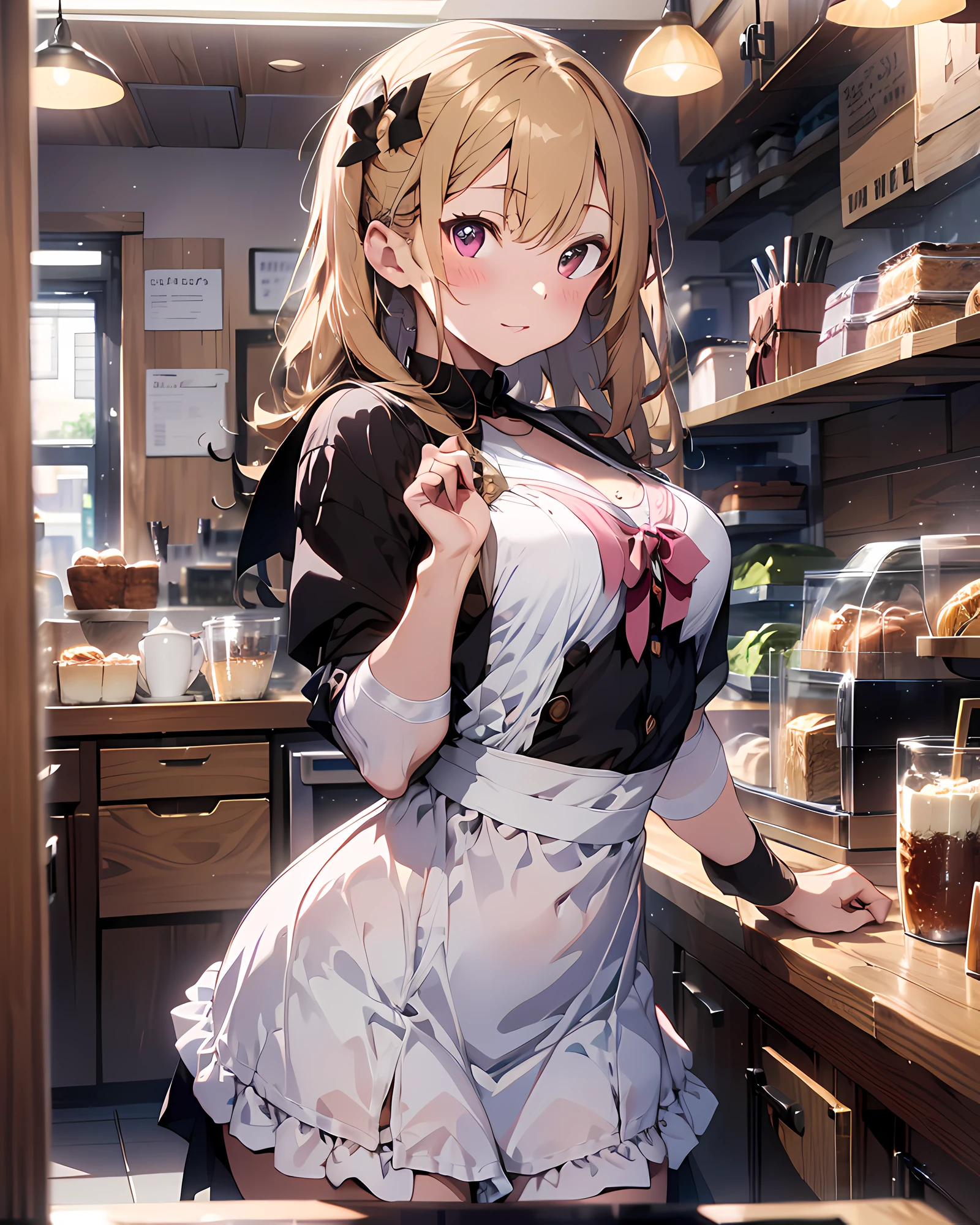 highres, ultra detailed, (1girl:1.3), (dynamic pose):1.0 BREAK, full body image, ((1 extremely cute and pretty cafe girl standing inside counter in cafe)), cashier, wearing a maid outfit with long-skirt, maid apron, she has sandy-blonde twin-buns hair style, red hair ribbons, medium-breasted, slender, abs, 7 life size, detailed clothes, detailed body, detailed arms, human hands, detailed hands, blush, light smile, parted lips, pink lip stick, surprised, looking the viewer, facing the viewer, extremely leaning forward against the viewer, hands on stomach, studio soft light, cinematic light, detailed background, symmetrical, hyperrealistic, highly detailed, intricate, very smooth, sharp focus, redshift render, 8K, realistic, ultra-realistic, masterpiece,