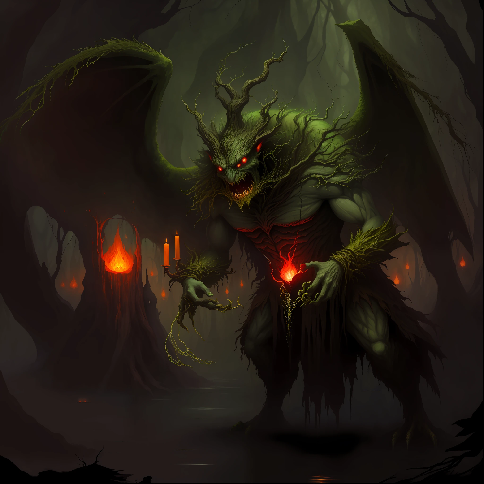 Treant's tree creature with glowing eyes and vine fangs in a dark forest, demonic creature, arte de estilo fantasia escura, demonic monster, arte conceitual demon soul, Criatura da loucura, no estilo da arte da fantasia sombria, an ominous fantasy illustration, arte conceitual monstro, inspirado em Jeff Easley, arte de fantasia sombria, arte de fantasia sombria, com olhos vermelhos brilhantes, fantasia arte escura, (The backdrop is a swamp:1.2), (Criatura Treant:1.2)