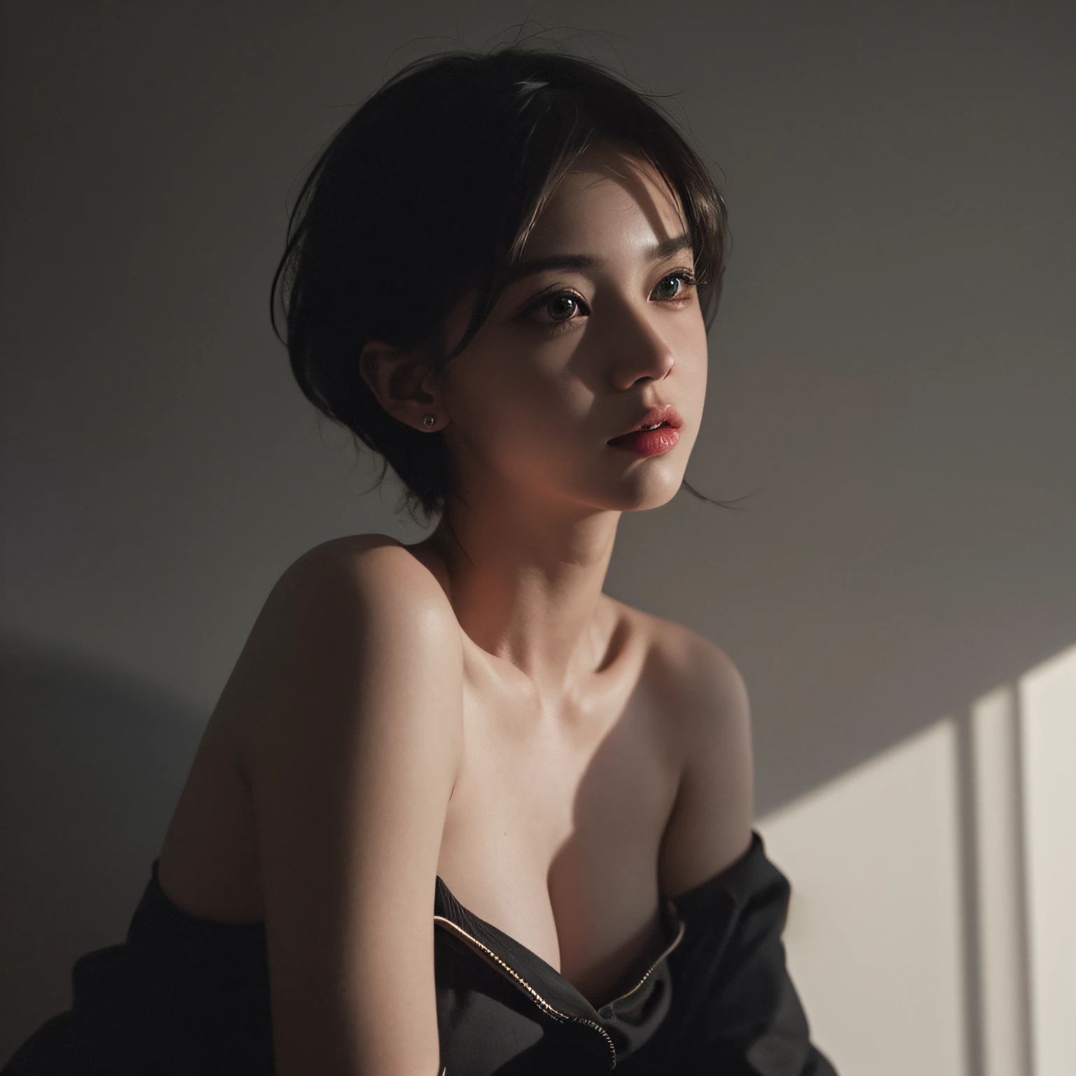 Best quality, masterpiece, ultra high res, (photorealistic:1.5), raw photo, 1girl, offshoulder, in the dark, deep shadow, low key, cold light, sexy look, short hair --auto
