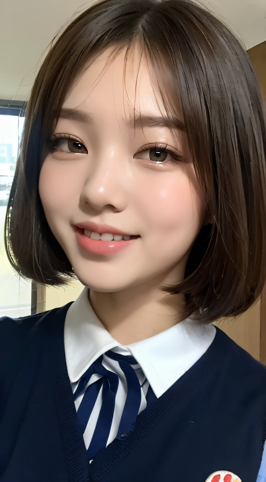 Highly detailed 8k wallpaper), red short hair, sharp focus, detailed, dramatic, delicate and beautiful schoolgirl, white shirt, navy blue ribbon collar, dark blue pleated micro mini, sexy, smile, peek at the viewer, graphics beautiful, bright school building, full of students, show the whole body,.