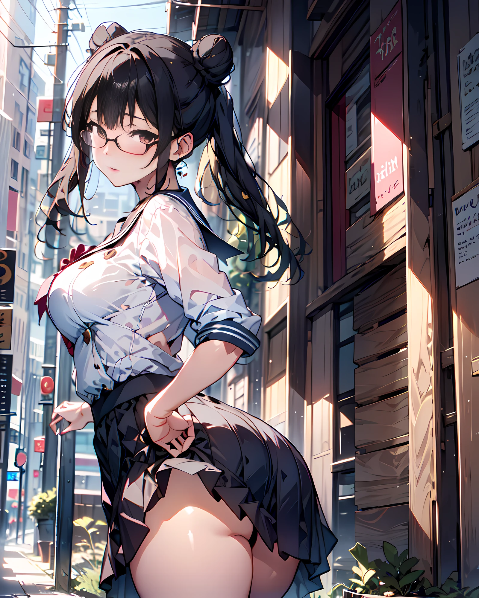 Absurdres, highres, ultradetailed, (masterpiece, best quality:1.3), ((cowboy shot:1.3)), BREAK, (1girl:1.3), (dynamic pose):1.0 BREAK, ((1 extremely cute and beautiful girl looking back at cafe)), BREAK, (cafe background:1.25, detailed background:1.25), BREAK, (upturned eyes:1.3), (ear breathing), full-face blush, parted lips, light smile, she has black hair, ((twin-buns hair style:1.3)),  BREAK, (wearing a school girl outfit:1.3, detailed sailor shirt:1.3, knee-length pleats long-skirt:1.3, detailed clothes), BREAK, (medium-breasted:1.27), (slender:1.15, abs, perfect abs), (glasses:1.3), 7.5 life size, detailed clothes, detailed body, detailed arms, human hands, detailed hands, blush, open mouth, (look back:1.15), (thrust out one's hip:1.35), studio soft light, cinematic light, detailed background, realistic, ultra-realistic, masterpiece, studio soft light, cinematic light, detailed background, symmetrical, hyperrealistic, highly detailed, intricate, very smooth, sharp focus,
