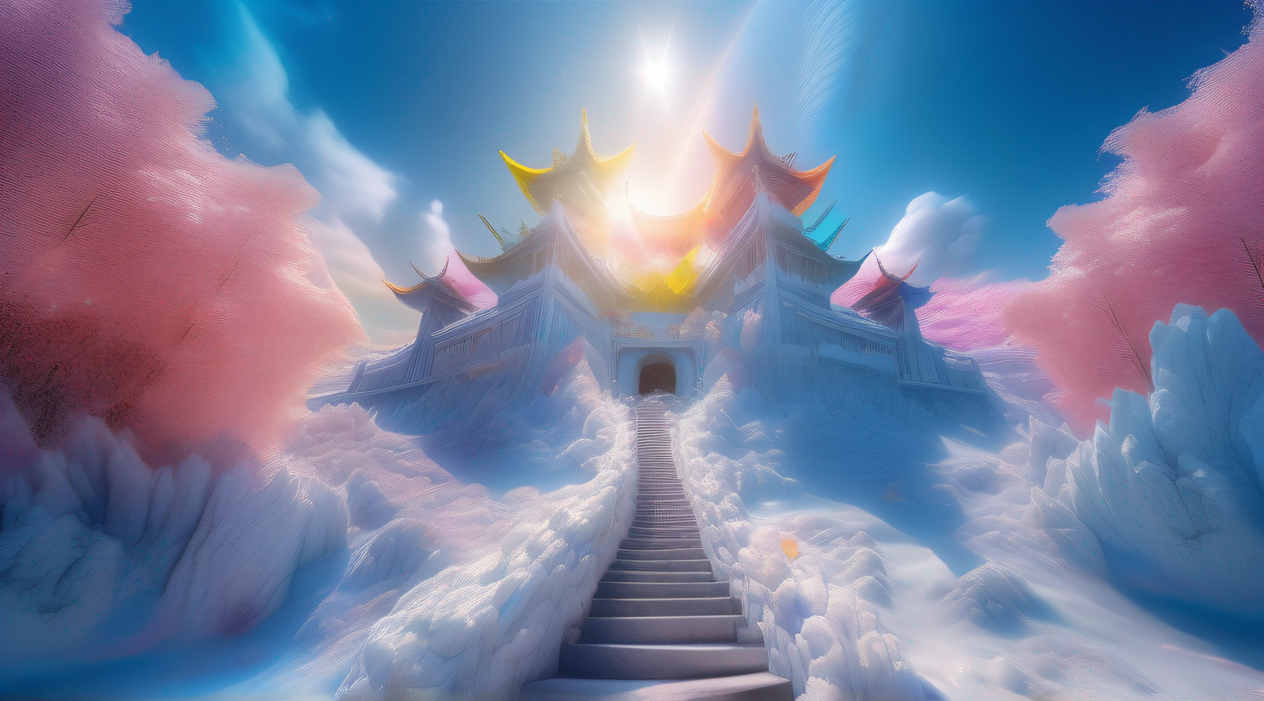 > The rainbow , Crushed ice , "Chinese castle in the Sky", “Moon and Sun”, The blue sky is spread out like the wings of angels , like the wings of birds , the sky is very shocking , ethereal . Real shoot , Real , realistic ,8K, Ultra Wide Angle , Panoramic ,3D, Ultra HD Pixels , Landscape Photography by Marc Adamus HD