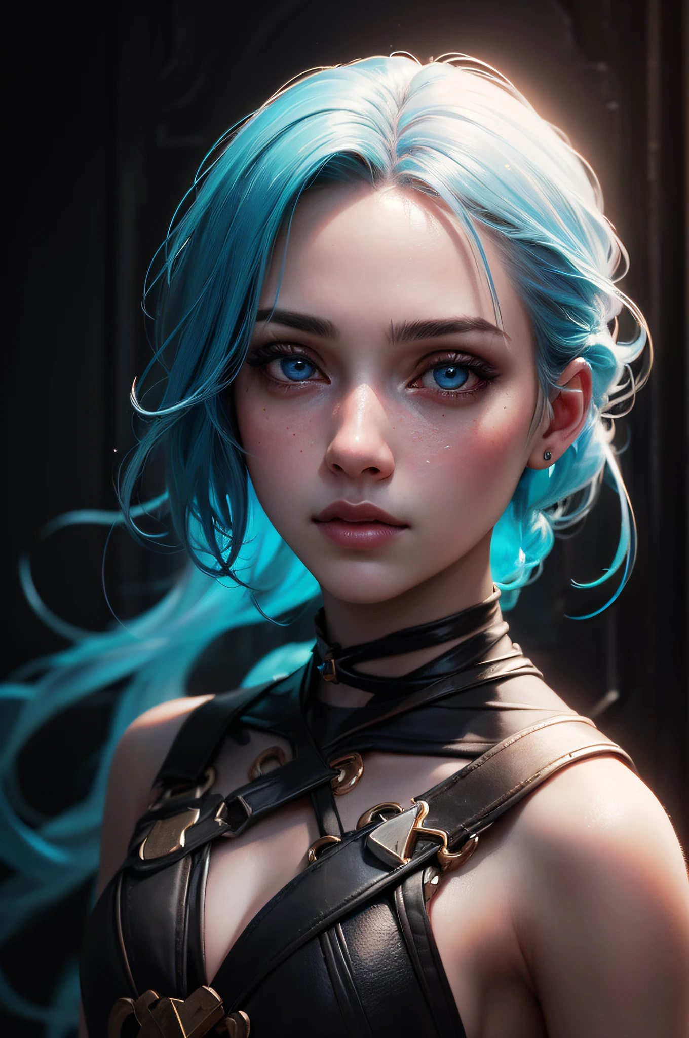 (JinxLol:1.2), (ultra photorealistic:1.3), (masterpiece:1.4), best quality, ((realistic)), high quality, ultra detailed, ((Real picture)), ((realistic skin)), ((realistic face)), (best quality:1.1), (illustration:1.05), (1girl:1.05), (beautiful:1.05), (beautiful detailed eyes:1.05), (cinematic light:1.1), light blue highlights, (full body:1.5)