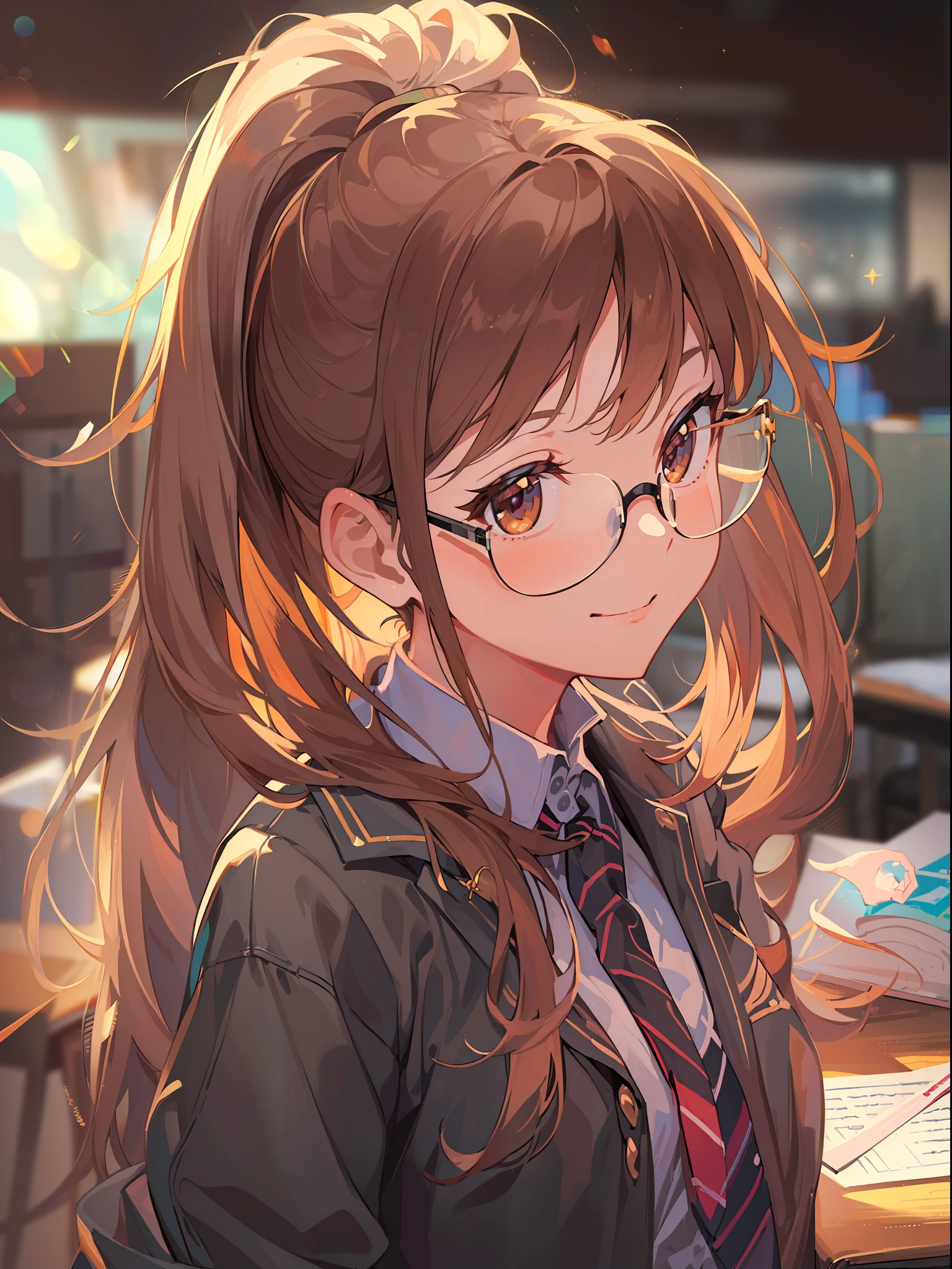 (((Masterpiece))),(((Best quality))),(((Amazing detail))),((illustration)),((A high resolution)),((8K)),((Anatomically correct)),Brown long hair,High ponytail,Delicate hair,a matural female,black-frame glasses,Light smile,adjusting eyewear,angle of view,Anime,Depth of field,Classroom Background,Sunset,Soft light,From above,Lens flare