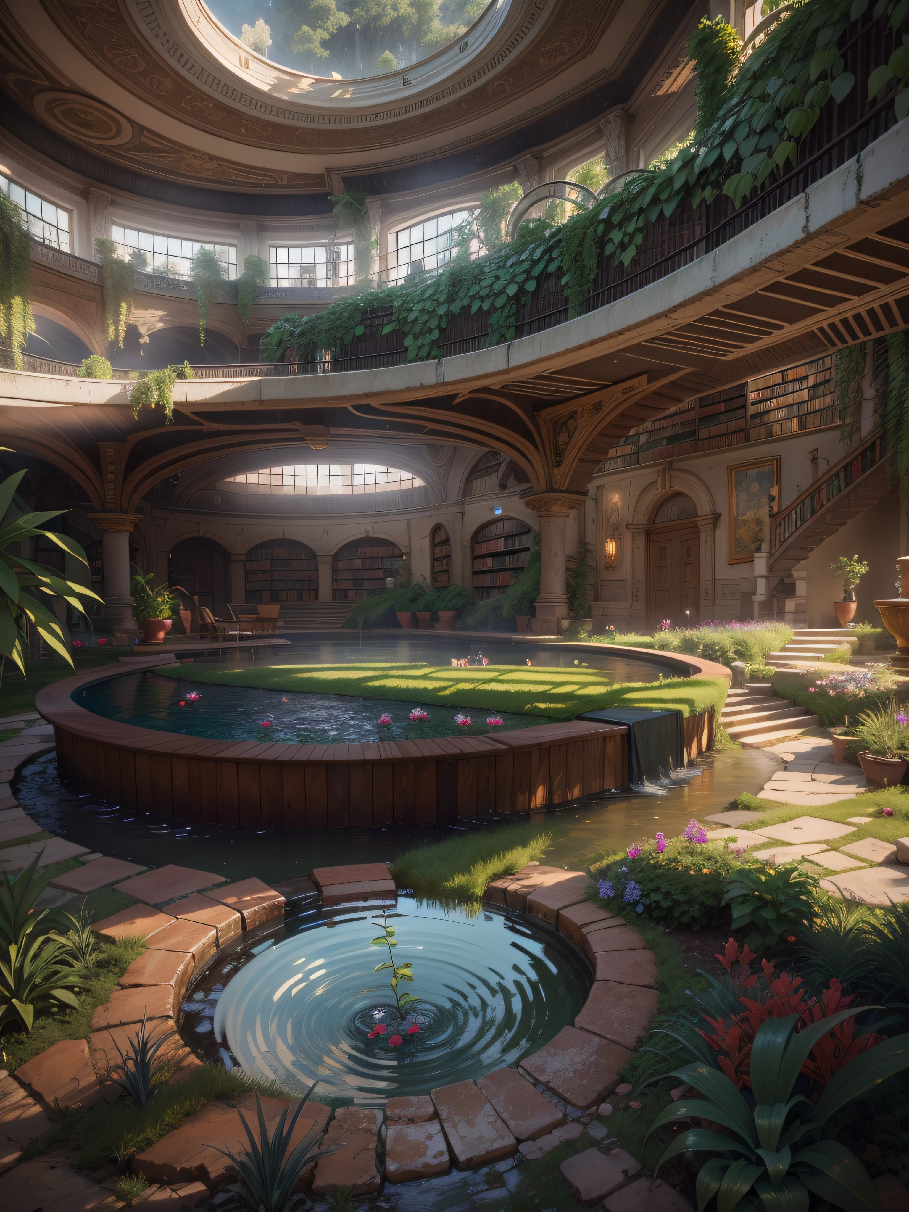 hyperdetailed whirlpool with tradescantia nanouk and bromeliad emerging from ground of hyperdetailed pretty Library with a stream flowing through it that glows like natural lighting, cinematic lighting, 8k, unreal engine, octane render, realistic