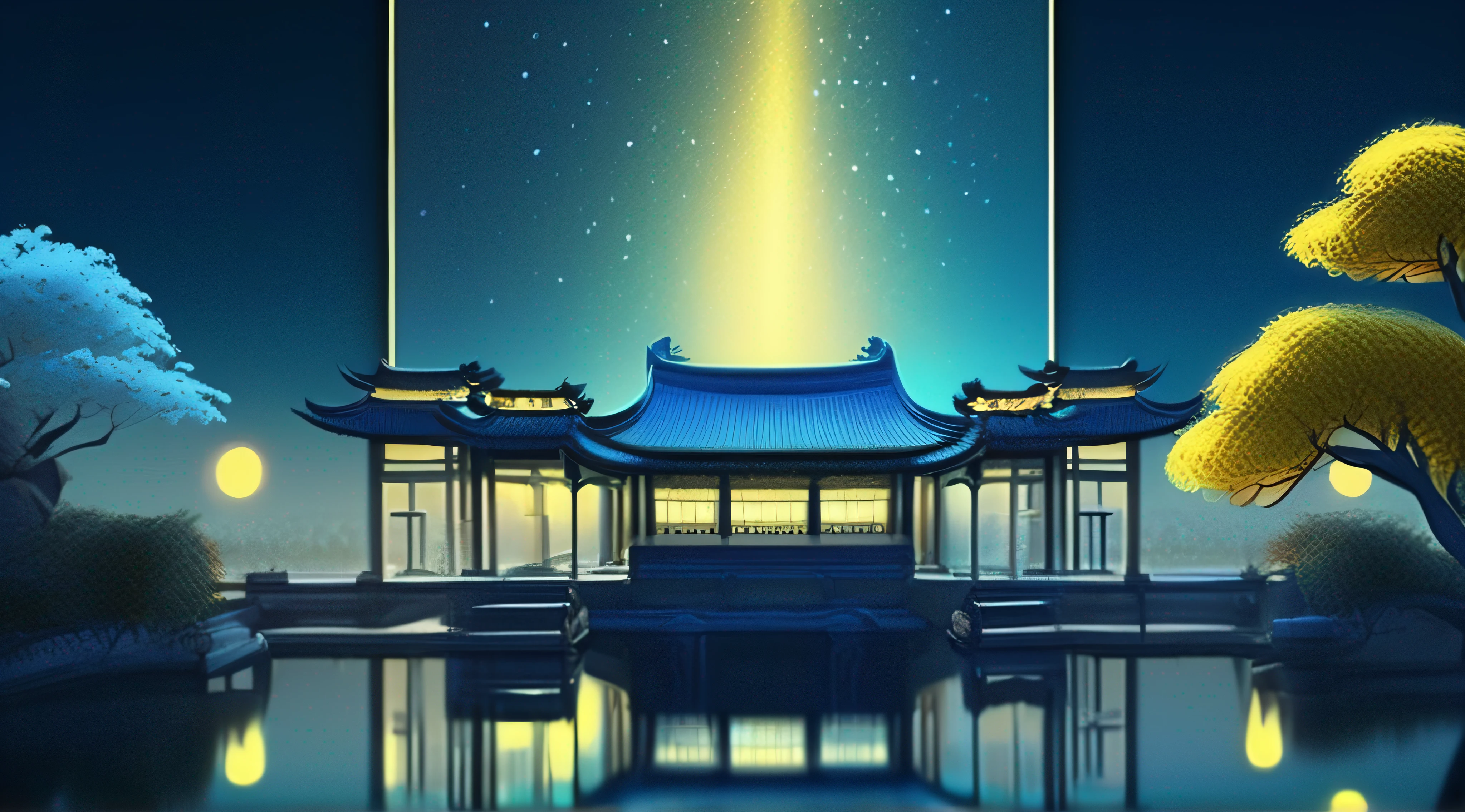 Beautiful picture, huge and magnificent ancient Chinese palace, light blue dreamy night sky with many stars shining, dreamy aurora, moon, pond, yellow osmanthus tree, super wide-angle lens, high detail, octane rendering, virtual engine, atmospheric lighting,Game scene graph,octane render,--quality 5--stylive 5000