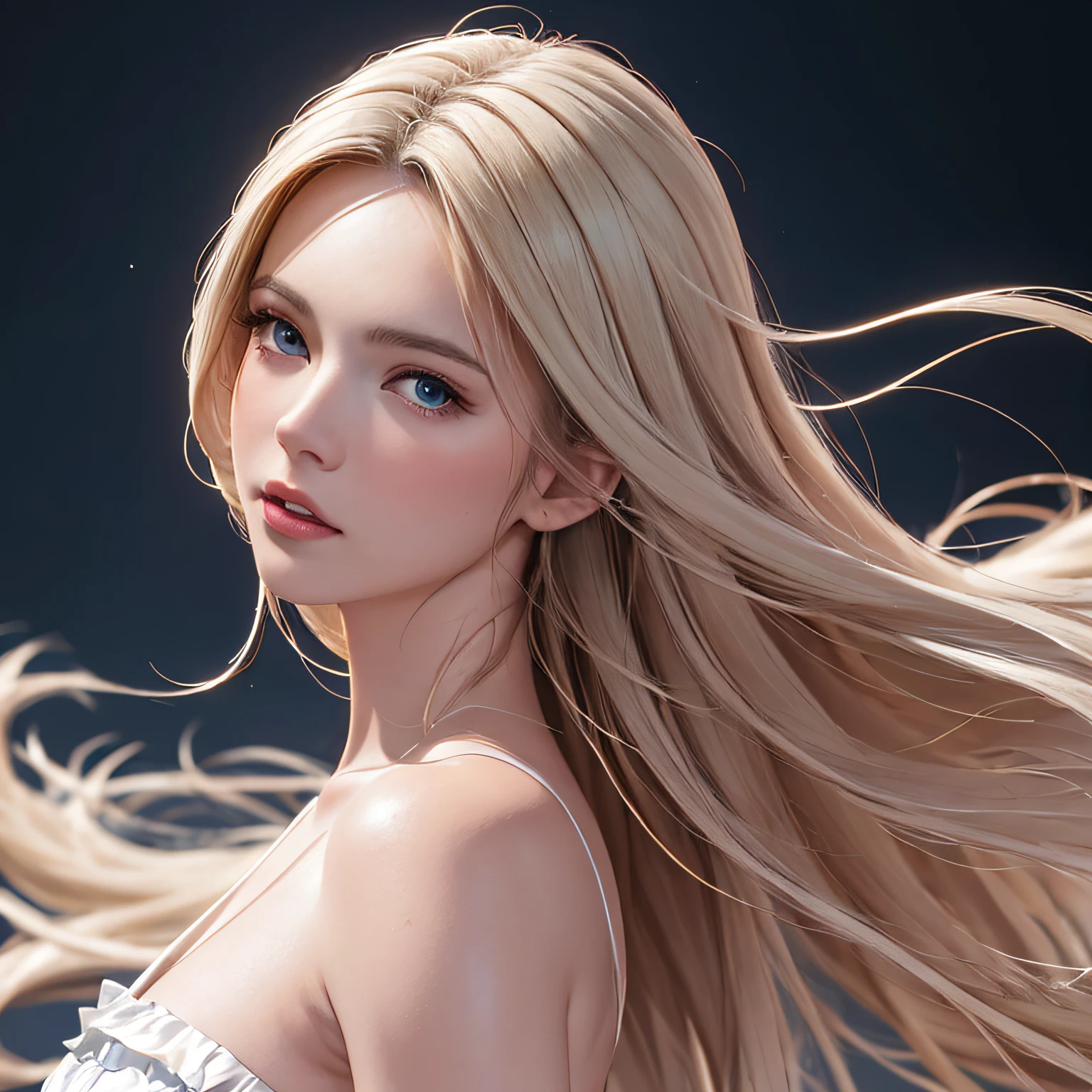 (8K, RAW Photos, of the highest quality, Masterpieces: 1.2), (Realistic, Photorealistic: 1.37), Highest Quality, Ultra High Resolution, light leaks, Dynamic lighting, Slim and smooth skin, (Full body:1.3), (Soft Saturation: 1.6), (Fair skin: 1.2), (Glossy skin: 1.1), Oiled skin, 22 years old, Night, shiny white blonde, Well-formed, Hair fluttering in the wind, Close-up shot of face only, Physically Based Rendering, From multiple angles