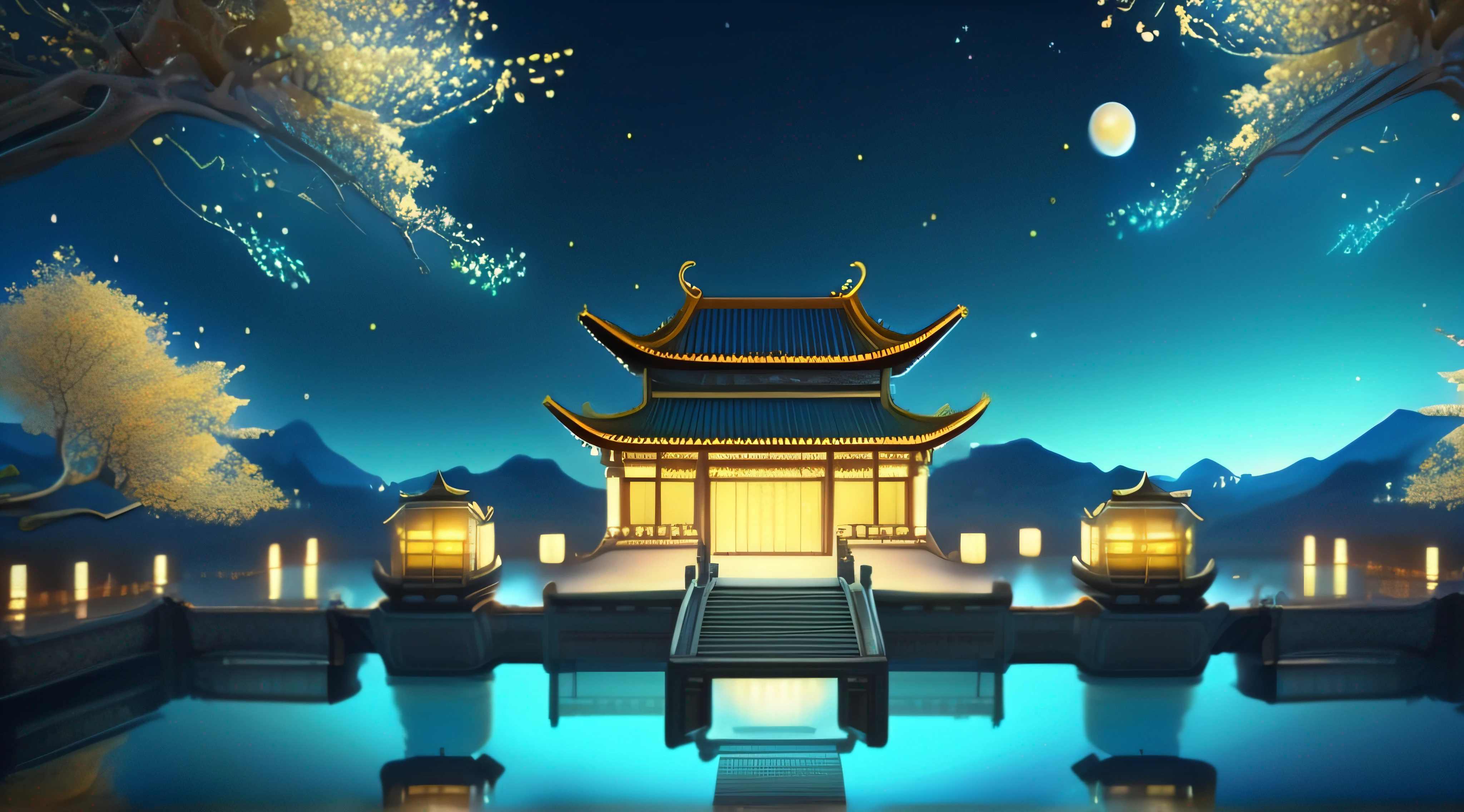 Beautiful picture, huge and magnificent ancient Chinese palace, light blue dreamy night sky with many stars shining, dreamy aurora, moon, pond, yellow osmanthus tree, super wide-angle lens, high detail, octane rendering, virtual engine, atmospheric lighting,Game scene graph,octane render,--quality 5--stylive 5000