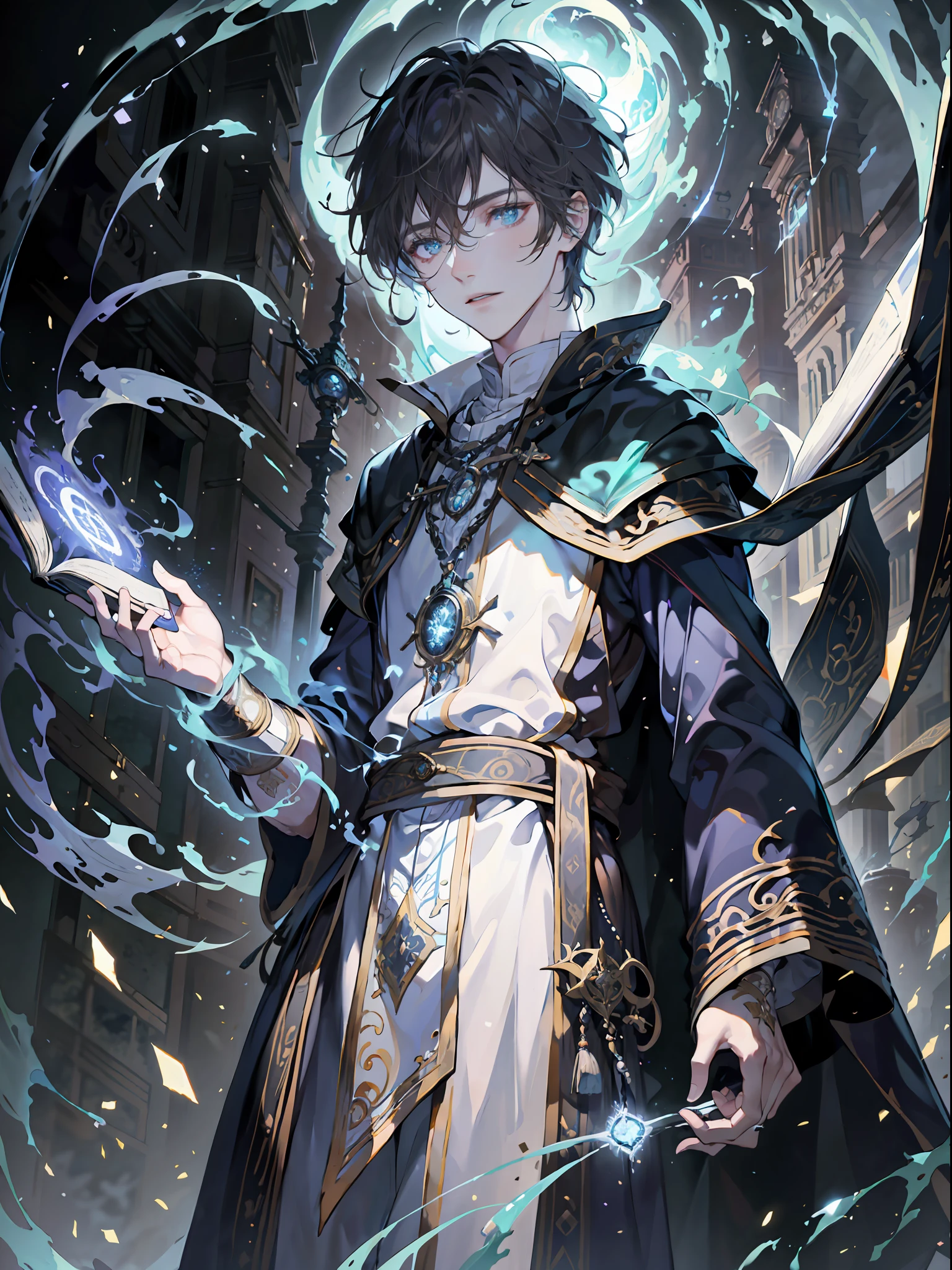 (absurderes,A high resolution,ultra - detailed), tmasterpiece, Best quality at best, A boy dressed in white, Hold the book, cloaks, the witcher, 独奏, Handsome, short detailed hair, Brown hair, Gray eye, glowing light eyes, glowing effect, Cyan wind vortex, Fine Eye, 详细的脸, spark of light, swirles, Magic Vortex, Isolated land background, looking down from below,