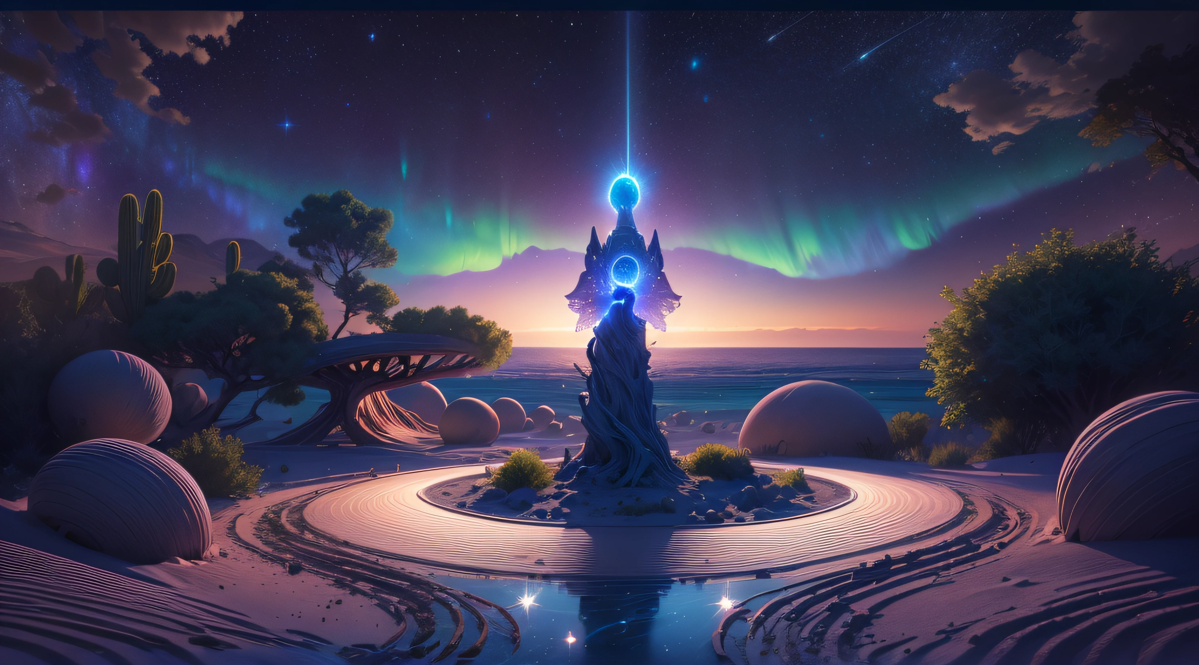 At night, starlight shines in Maldives, aurora, angel wings, spiritual light, blue roses in the night sky, rose stars, twinkling stars, big blue roses, magical desert, starry sky, galactic light, Michael James Smith matte painting, CG rendering, volume light, space art, bioluminescence, illusion engine 5, ultra wide angle, high-definition, high-definition 8K, high-definition 16k,. landscape photography by Mare AdamusHD