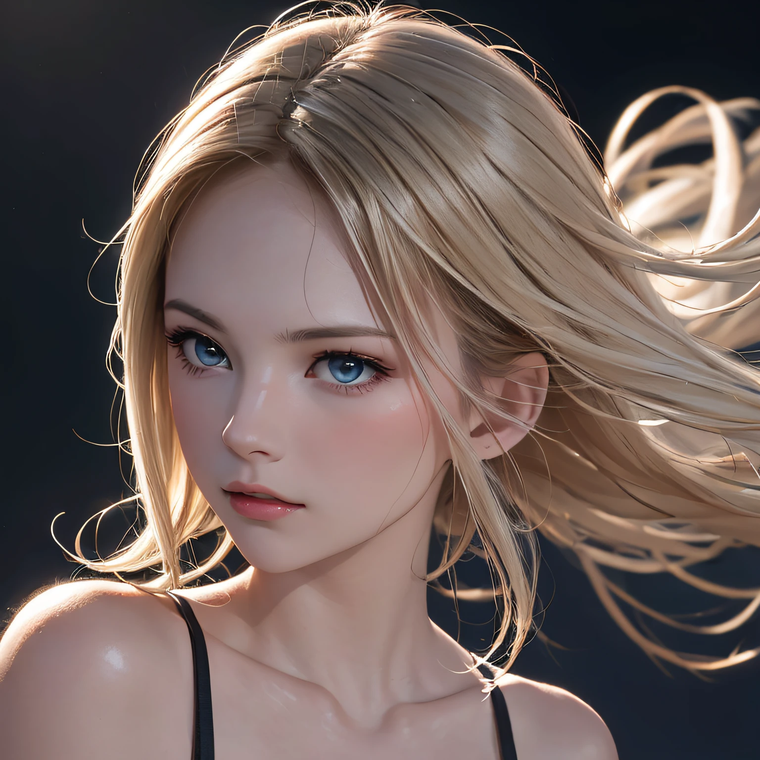 (8K, RAW Photos, of the highest quality, Masterpieces: 1.2), (Realistic, Photorealistic: 1.37), Highest Quality, Ultra High Resolution, light leaks, Dynamic lighting, Slim and smooth skin, (Full body:1.3), (Soft Saturation: 1.6), (Fair skin: 1.2), (Glossy skin: 1.1), Oiled skin, 22 years old, Night, shiny white blonde, Well-formed, Hair fluttering in the wind, Close-up shot of face only, Physically Based Rendering, From multiple angles